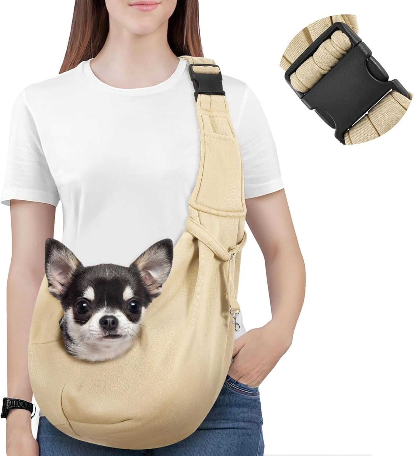 Pawaboo Dog Carrier Sling, Hand Free Dog Papoose with Adjustable Strap, Safety Leash for Puppies&Cats, Wider Shoulder Strap Pet Sling Bag (up to 12lbs, Black)
