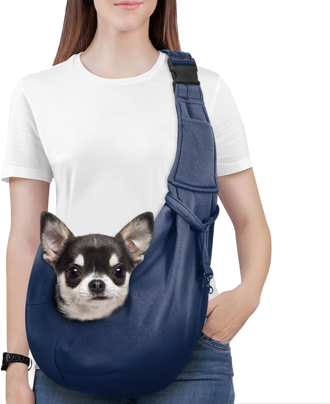Pawaboo Dog Carrier Sling, Hand Free Dog Papoose with Adjustable Strap, Safety Leash for Puppies&Cats, Wider Shoulder Strap Pet Sling Bag (up to 12lbs, Black)