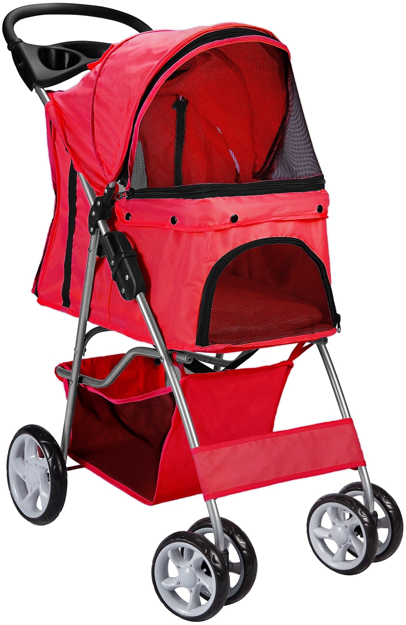 Paws & Pals 4-Wheeled Pet Stroller for Dog and Cat Foldable with Cup Holder, Red (Large)