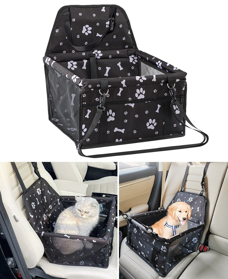 Pet Dog Cat Car Seat Booster for Small & Medium Pets, Portable Breathable Foldable Pet Carrier Seat Safety Anti-Collapse for Travel with Seat Belt, Black Printed