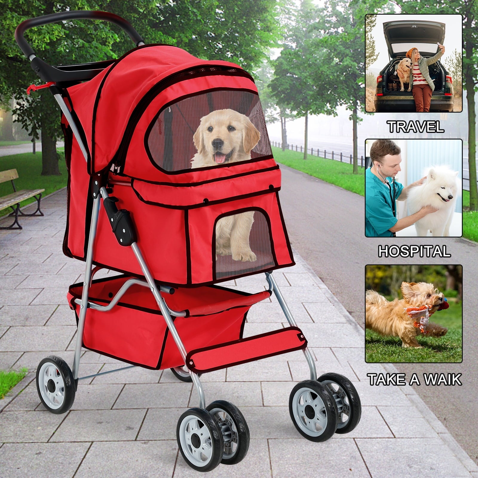 4 Wheels Pet Stroller Foldable Dog Stroller Cat Stroller with Storage Basket & Removable Liner, Travel Lite Foldable Carrier Strolling Cart for Dogs Cats, Black