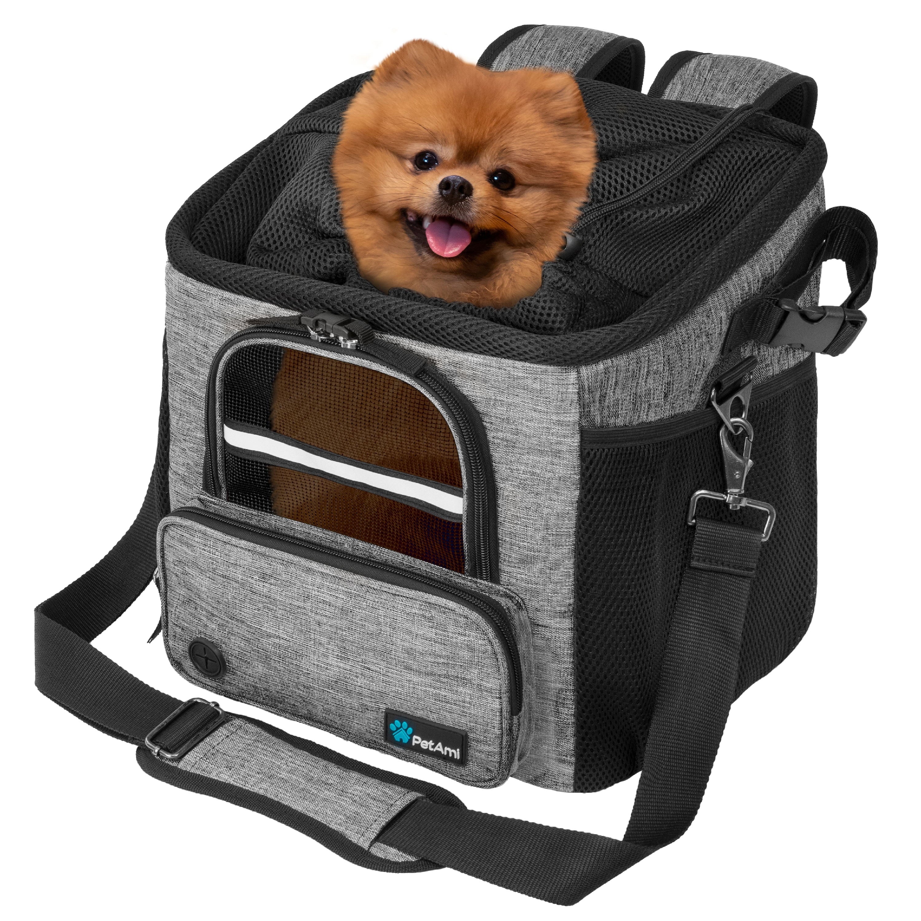 PetAmi Dog Bike Basket, Soft-sided Ventilated Dog Bike Carrier Backpack, Dog Pet Bicycle Basket for Bike Handlebar, Small Medium Puppy Cat Kitten Car Booster Seat with Safety Strap (Gray)