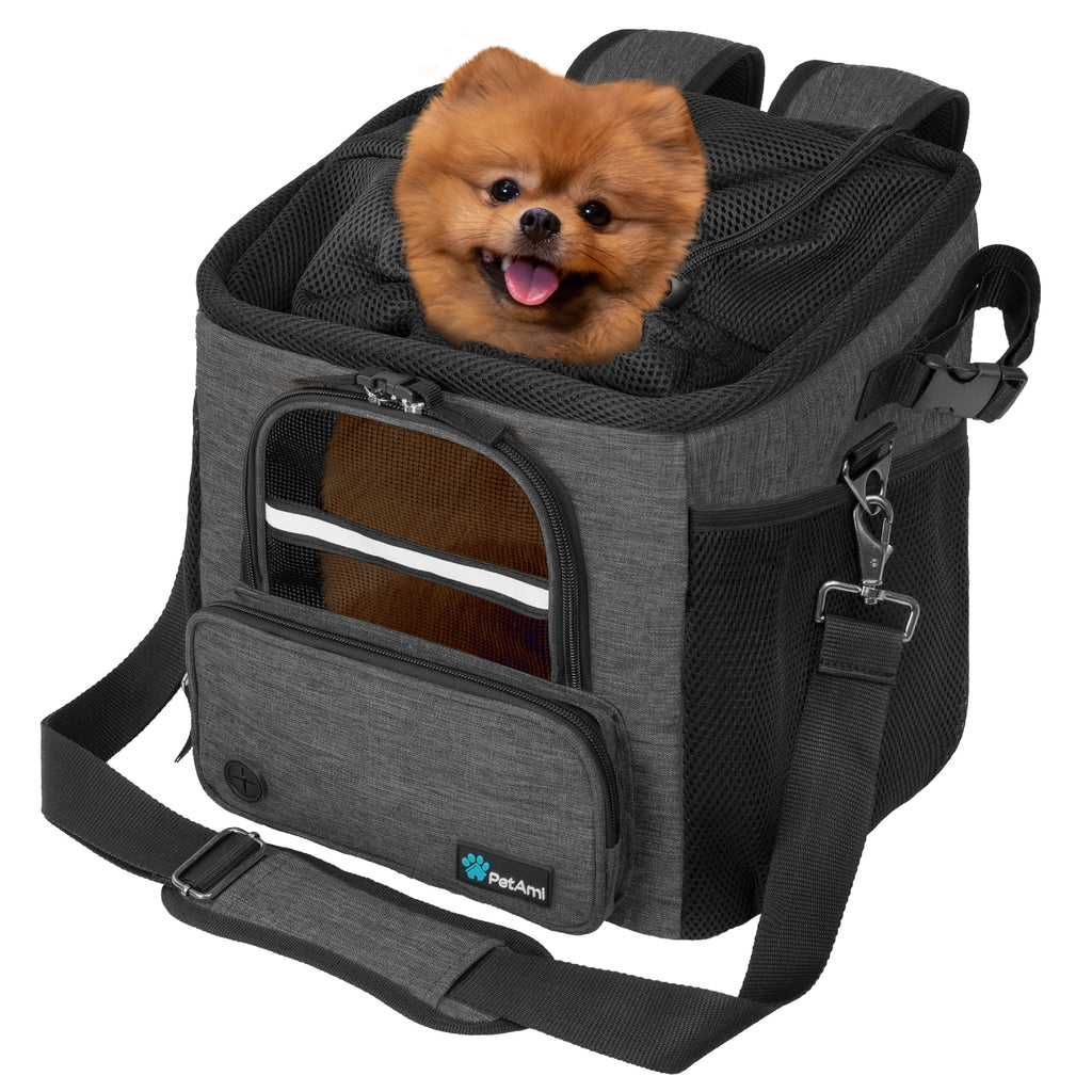 PetAmi Dog Bike Basket, Soft-sided Ventilated Dog Bike Carrier Backpack, Dog Pet Bicycle Basket for Bike Handlebar, Small Medium Puppy Cat Kitten Car Booster Seat with Safety Strap (Gray)