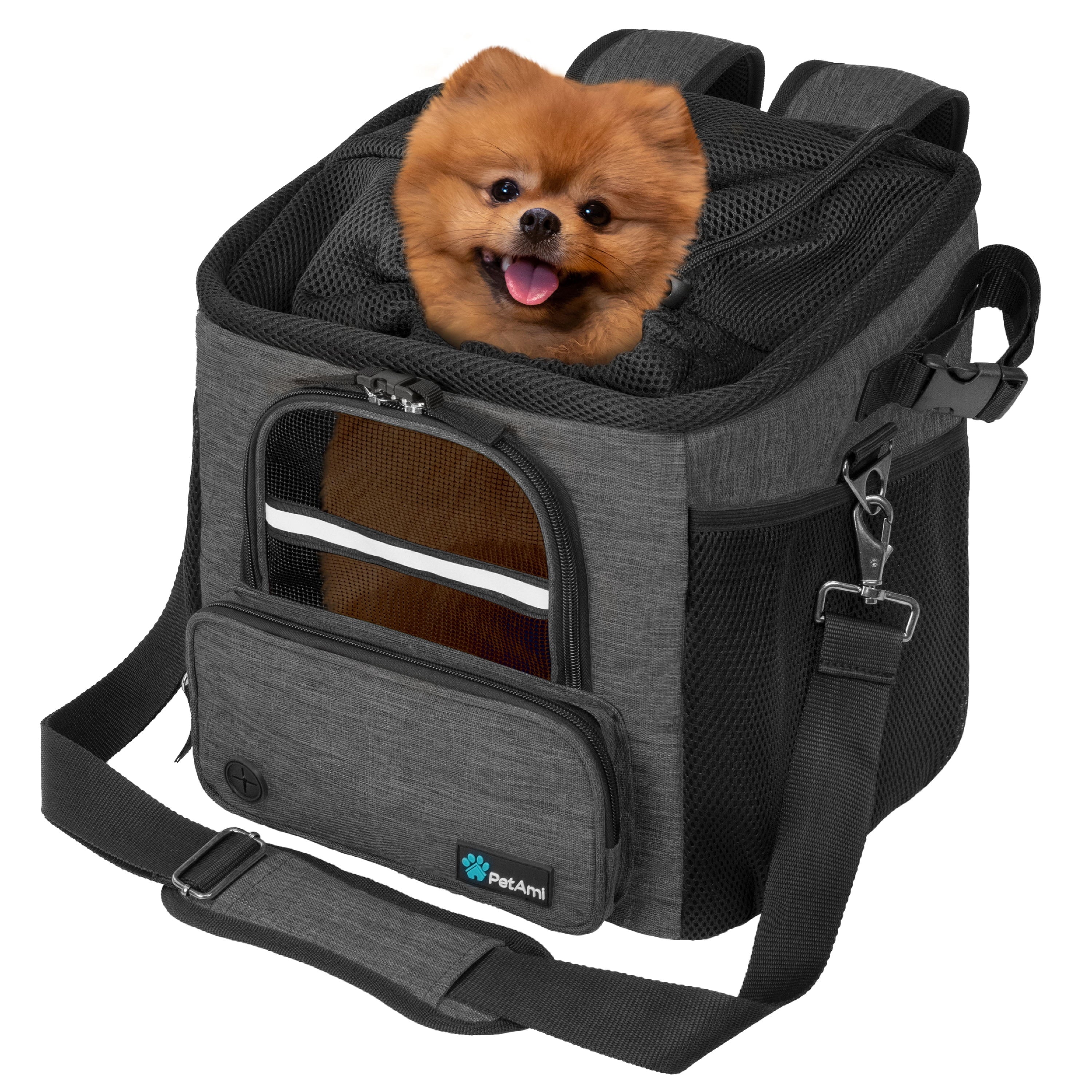 PetAmi Dog Bike Basket, Soft-sided Ventilated Dog Bike Carrier Backpack, Dog Pet Bicycle Basket for Bike Handlebar, Small Medium Puppy Cat Kitten Car Booster Seat with Safety Strap (Gray)