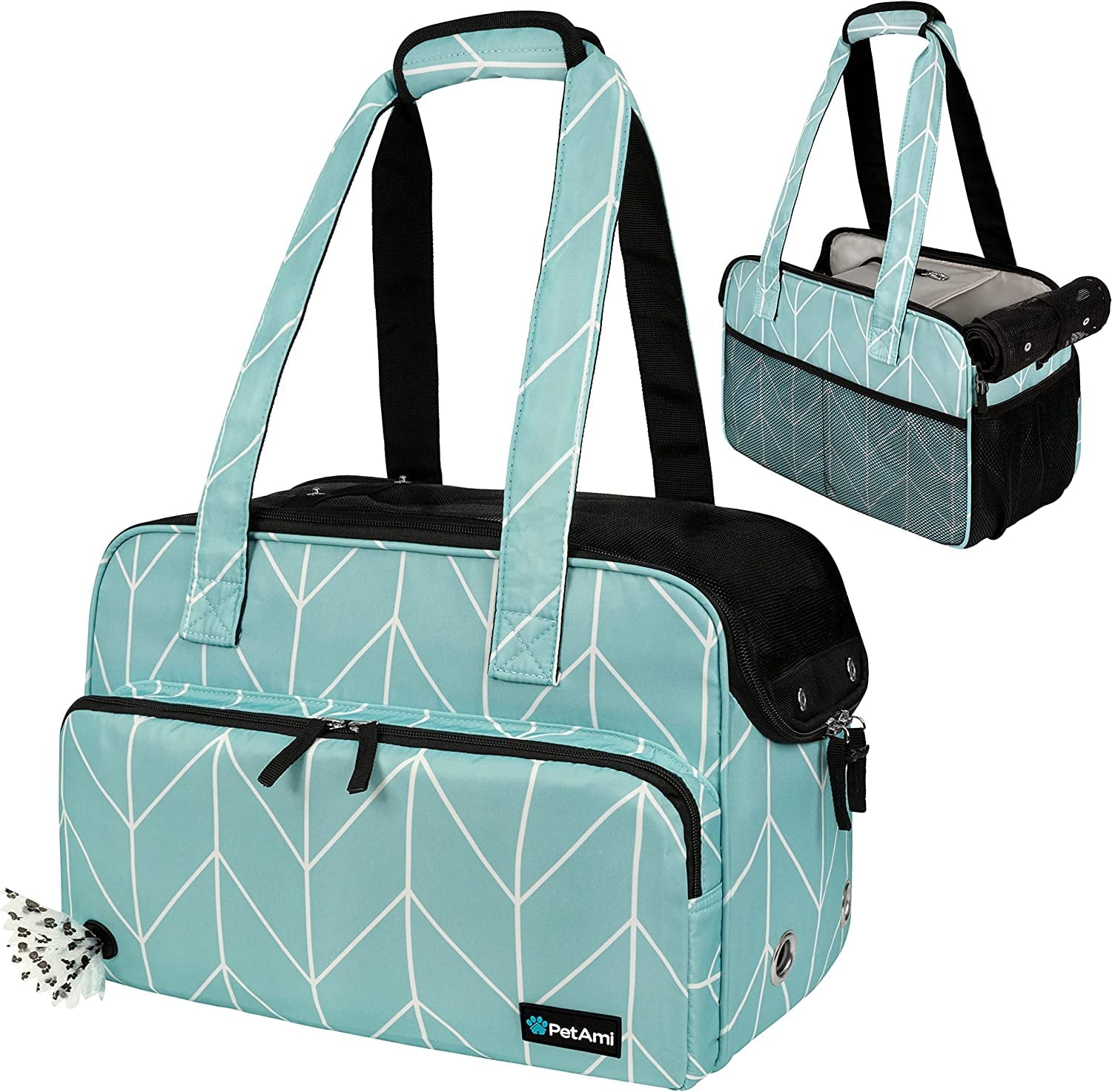 PetAmi Small Dog Purse Carrier, Soft-Sided Pet Carrier Bag Pockets, Portable Medium Dog Puppy Large Cat Travel Handbag Tote, Airline Approved Breathable Mesh, Poop Dispenser, Sherpa Bed, Chevron Teal