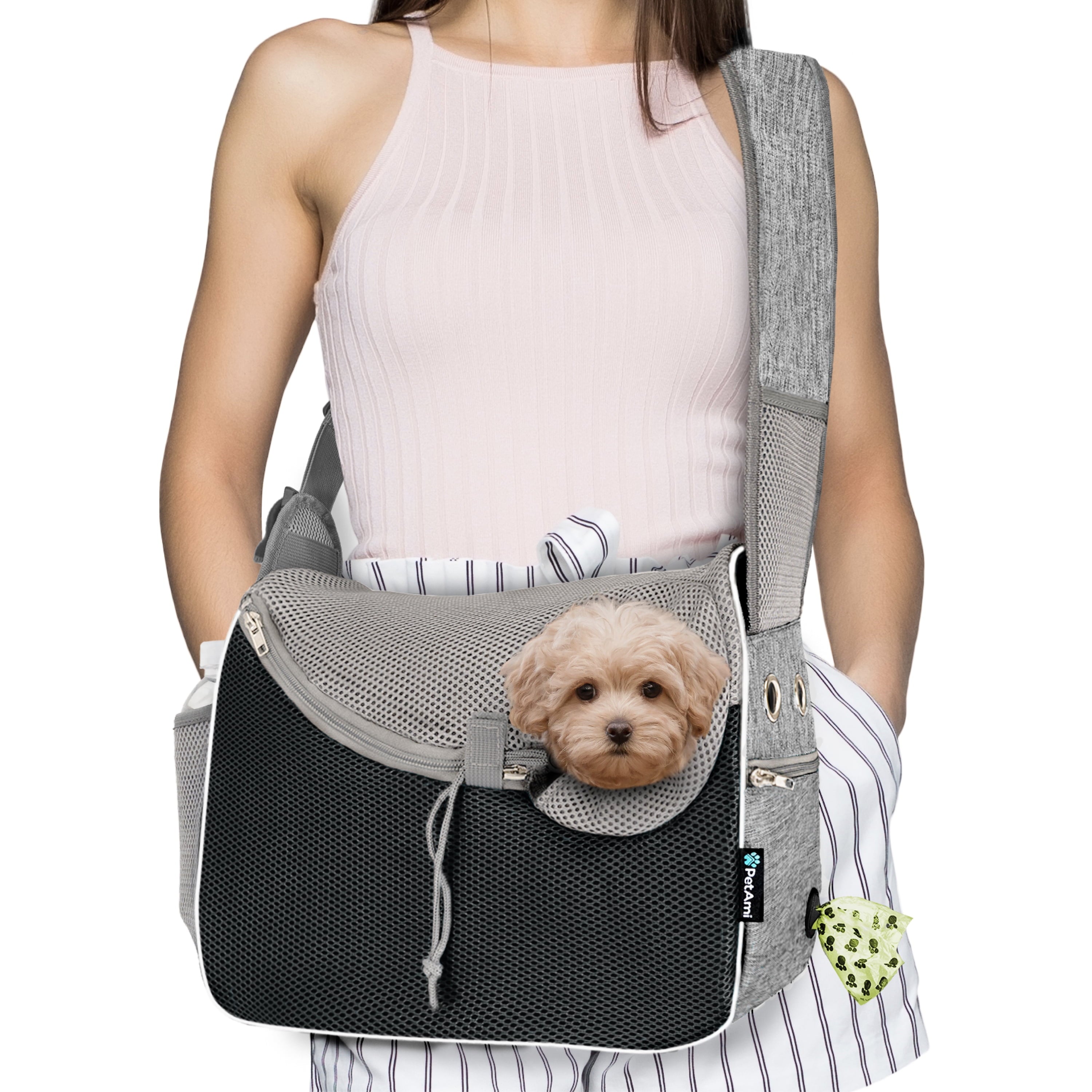 PetAmi Small Dog Sling Carrier, Soft-Sided Crossbody Puppy Carrying Purse Bag, Adjustable Sling Pet Pouch to Wear Medium Dog Cat Travel, Dog Bag for Traveling, Breathable, Poop Bag Dispenser, Black