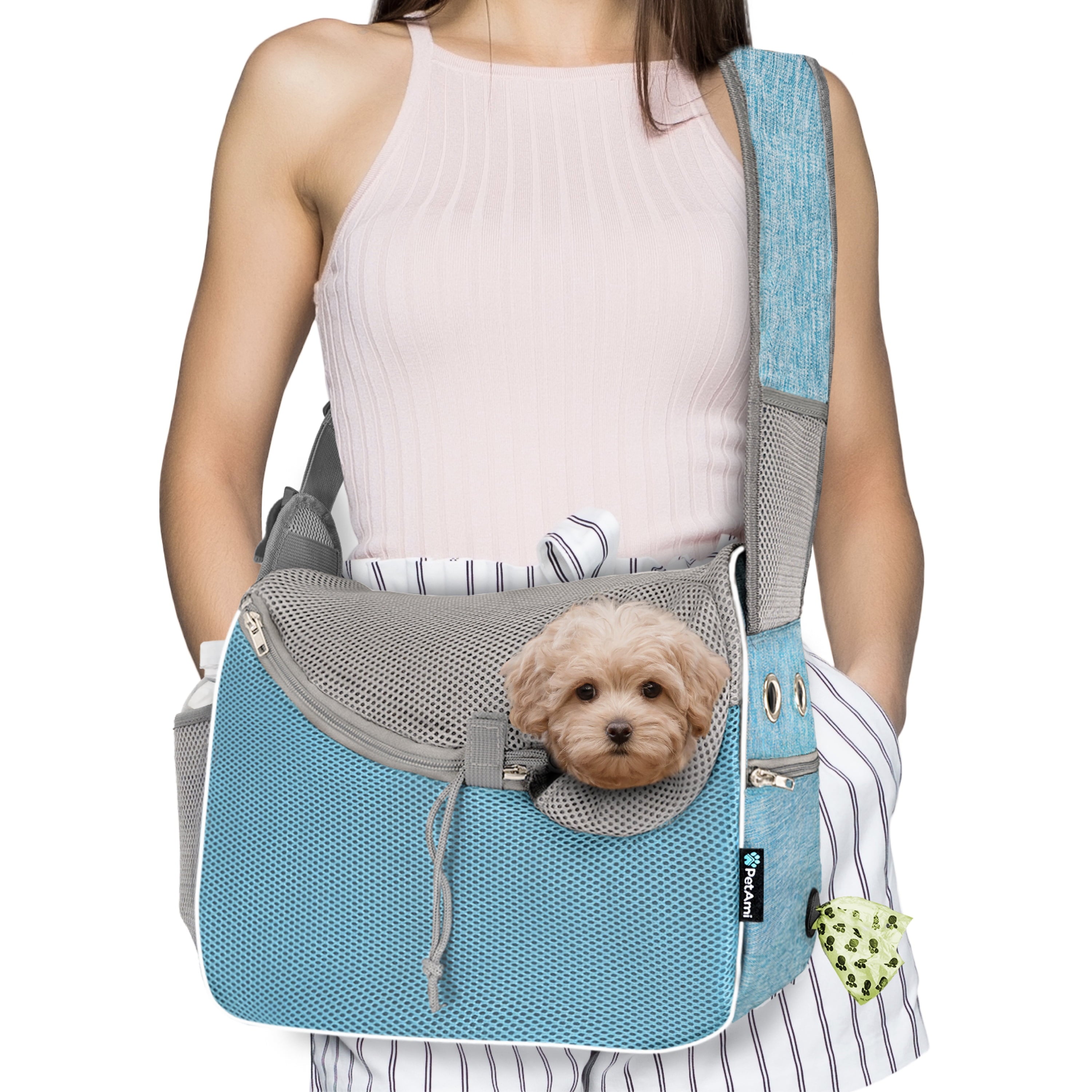 PetAmi Small Dog Sling Carrier, Soft-Sided Crossbody Puppy Carrying Purse Bag, Adjustable Sling Pet Pouch to Wear Medium Dog Cat Travel, Dog Bag for Traveling, Breathable, Poop Bag Dispenser, Black