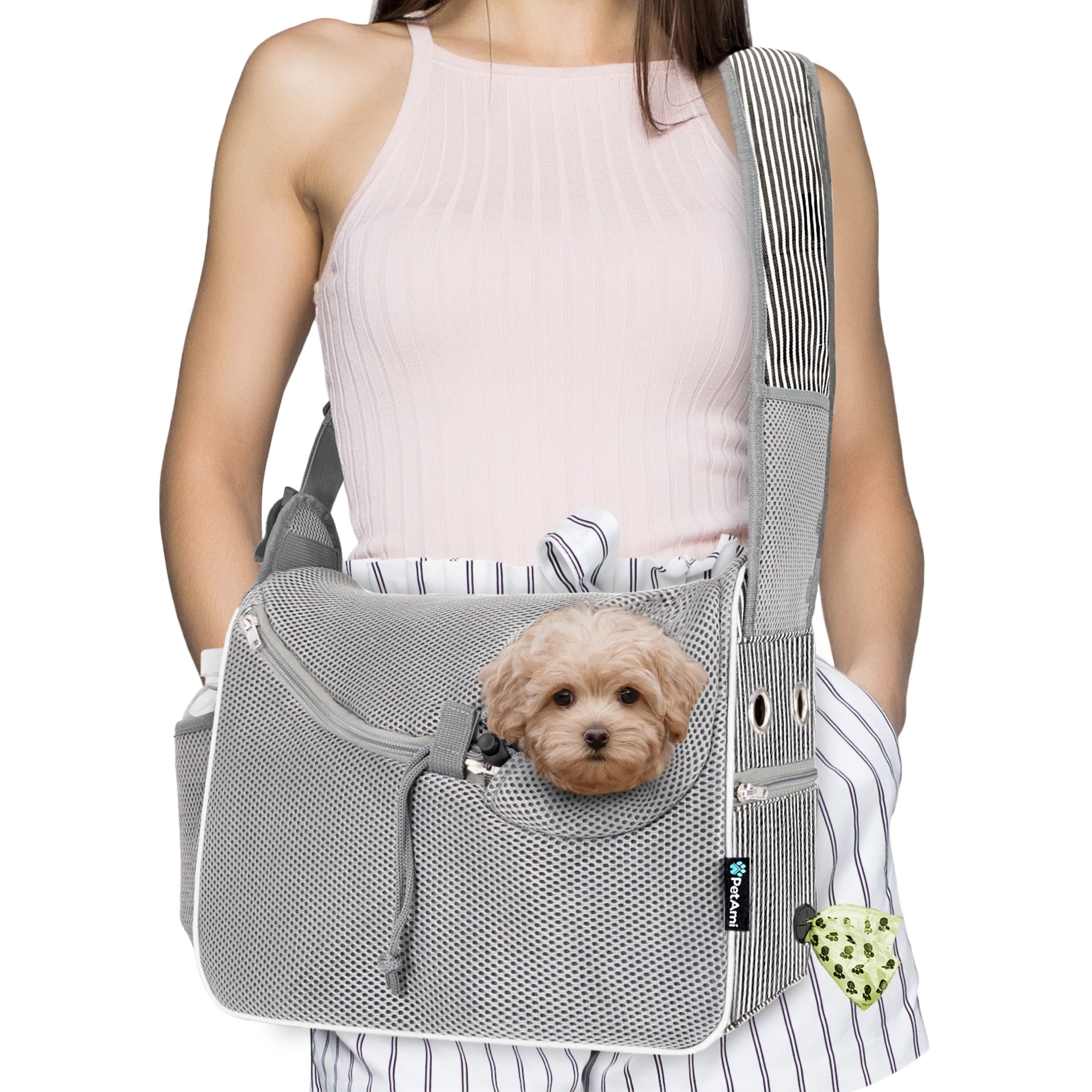 PetAmi Small Dog Sling Carrier, Soft-Sided Crossbody Puppy Carrying Purse Bag, Adjustable Sling Pet Pouch to Wear Medium Dog Cat Travel, Dog Bag for Traveling, Breathable, Poop Bag Dispenser, Black