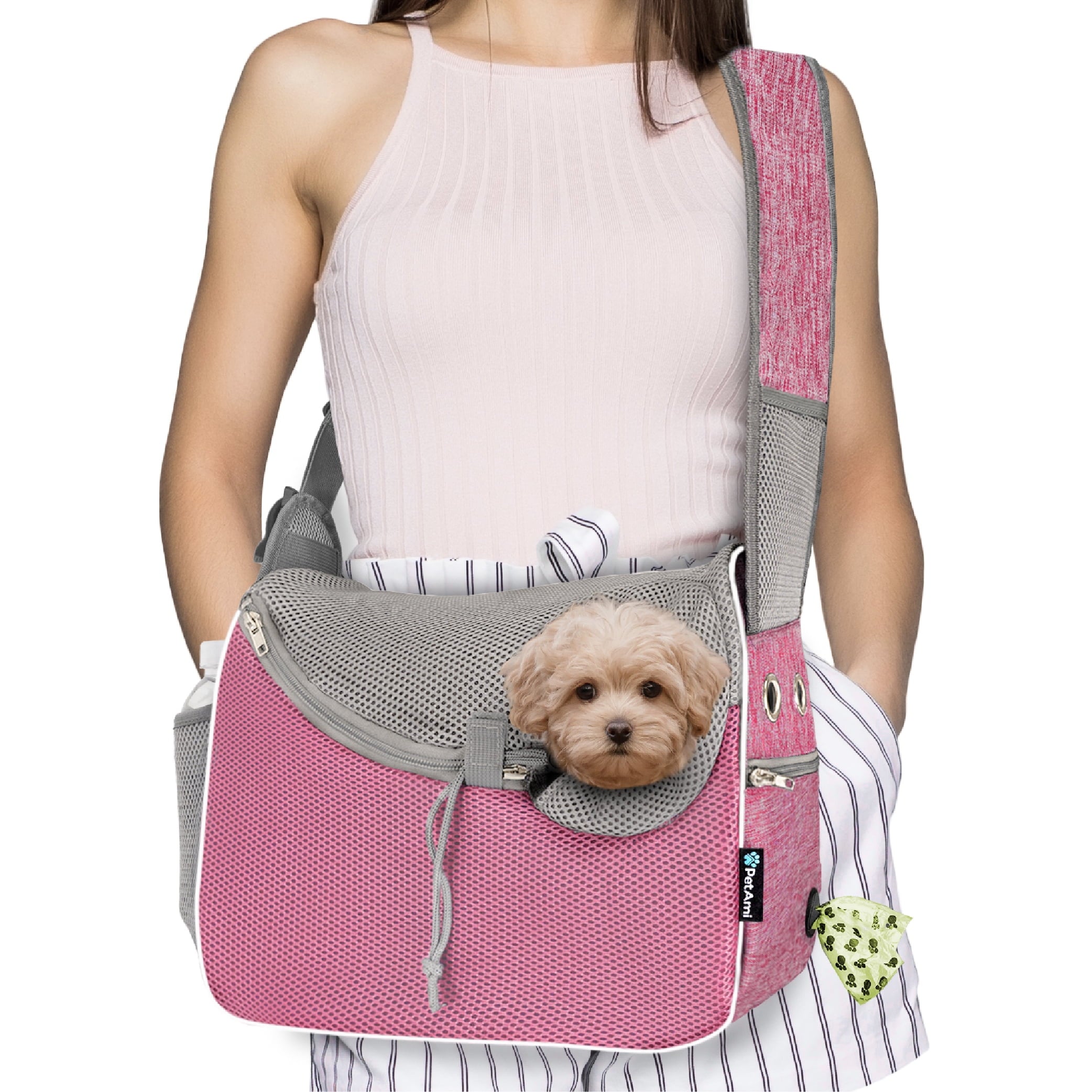 PetAmi Small Dog Sling Carrier, Soft-Sided Crossbody Puppy Carrying Purse Bag, Adjustable Sling Pet Pouch to Wear Medium Dog Cat Travel, Dog Bag for Traveling, Breathable, Poop Bag Dispenser, Black