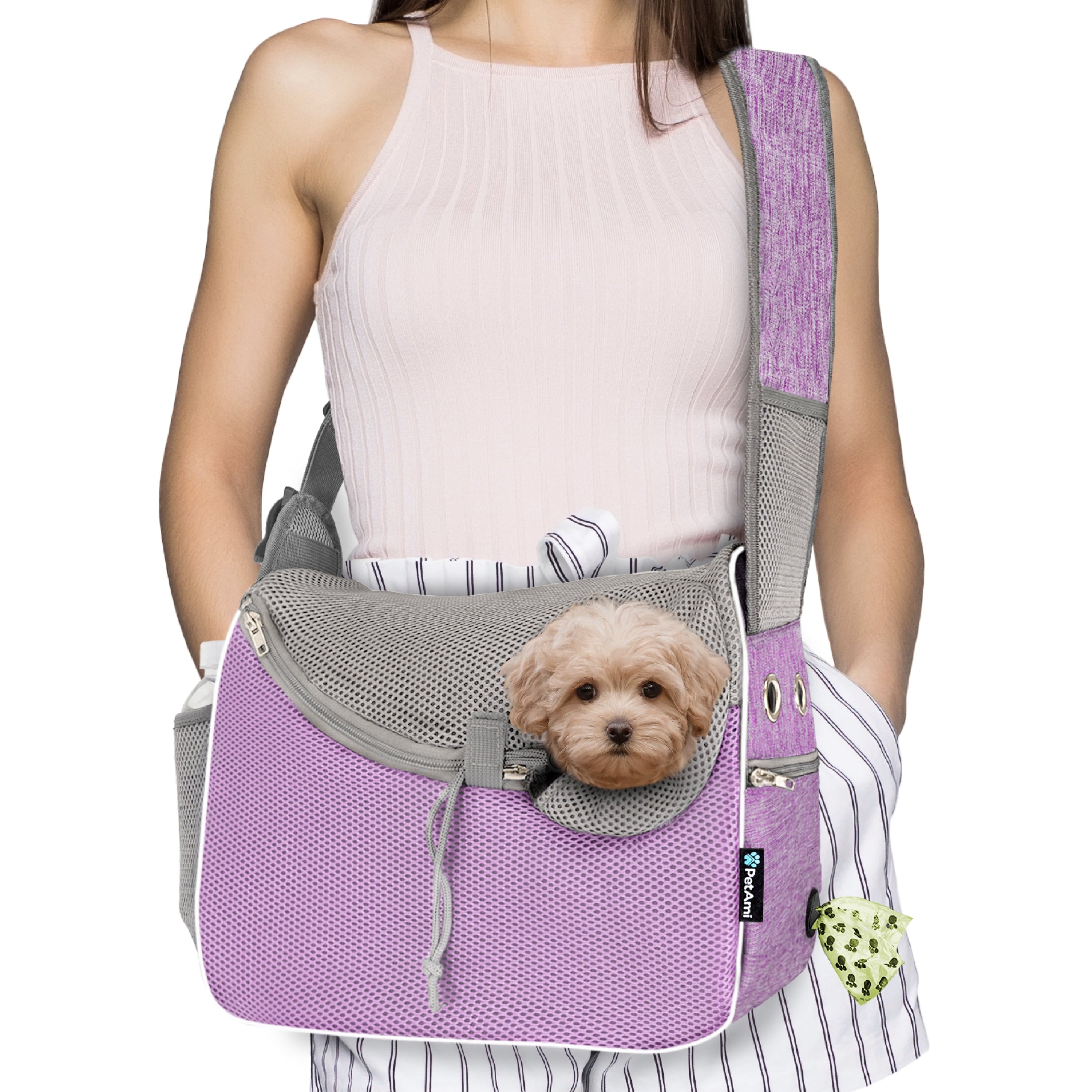 PetAmi Small Dog Sling Carrier, Soft-Sided Crossbody Puppy Carrying Purse Bag, Adjustable Sling Pet Pouch to Wear Medium Dog Cat Travel, Dog Bag for Traveling, Breathable, Poop Bag Dispenser, Black