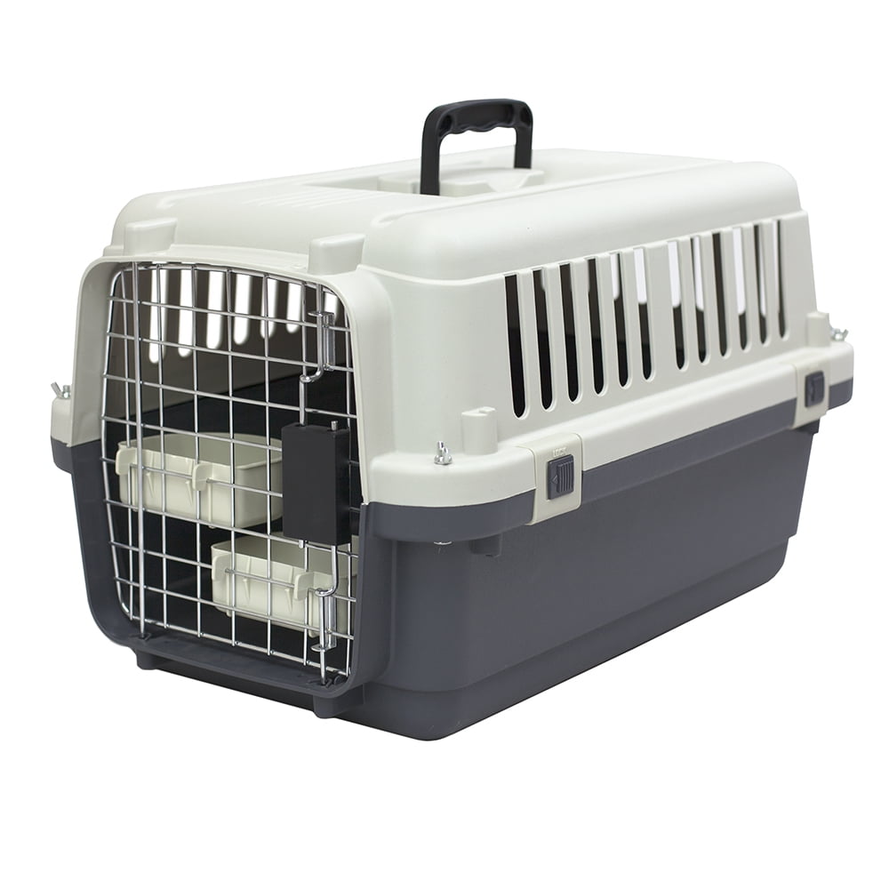 SportPet Designs Plastic Kennel for Dogs & Cats, Wire Door, IATA Airline Approved, Travel Crate, No Wheels, Gray, Small,  24" L x 16" W x 16" H