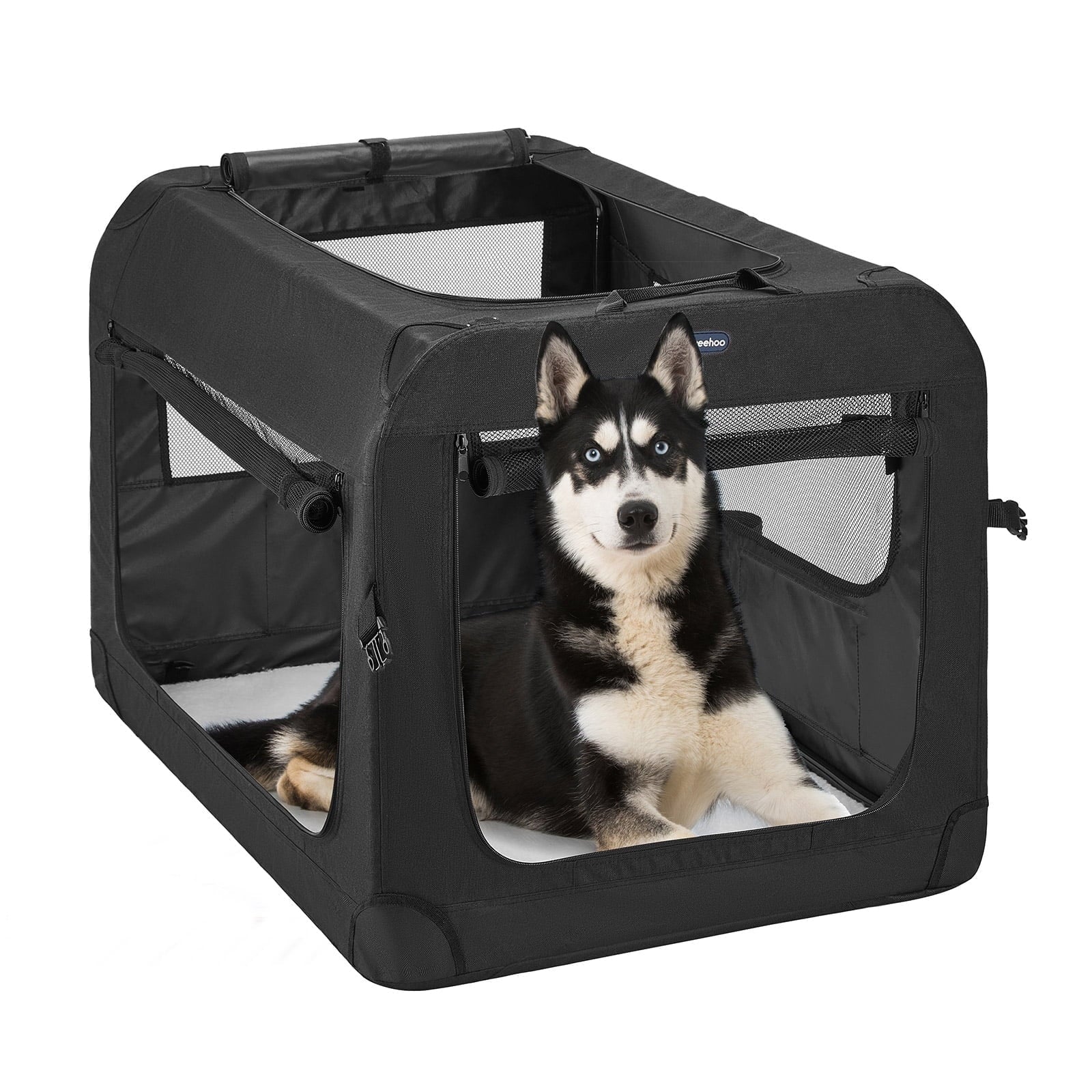Veehoo Folding Soft Dog Crate, 3-Door Pet Kennel, 600D Cationic Oxford Fabric, 32", Black
