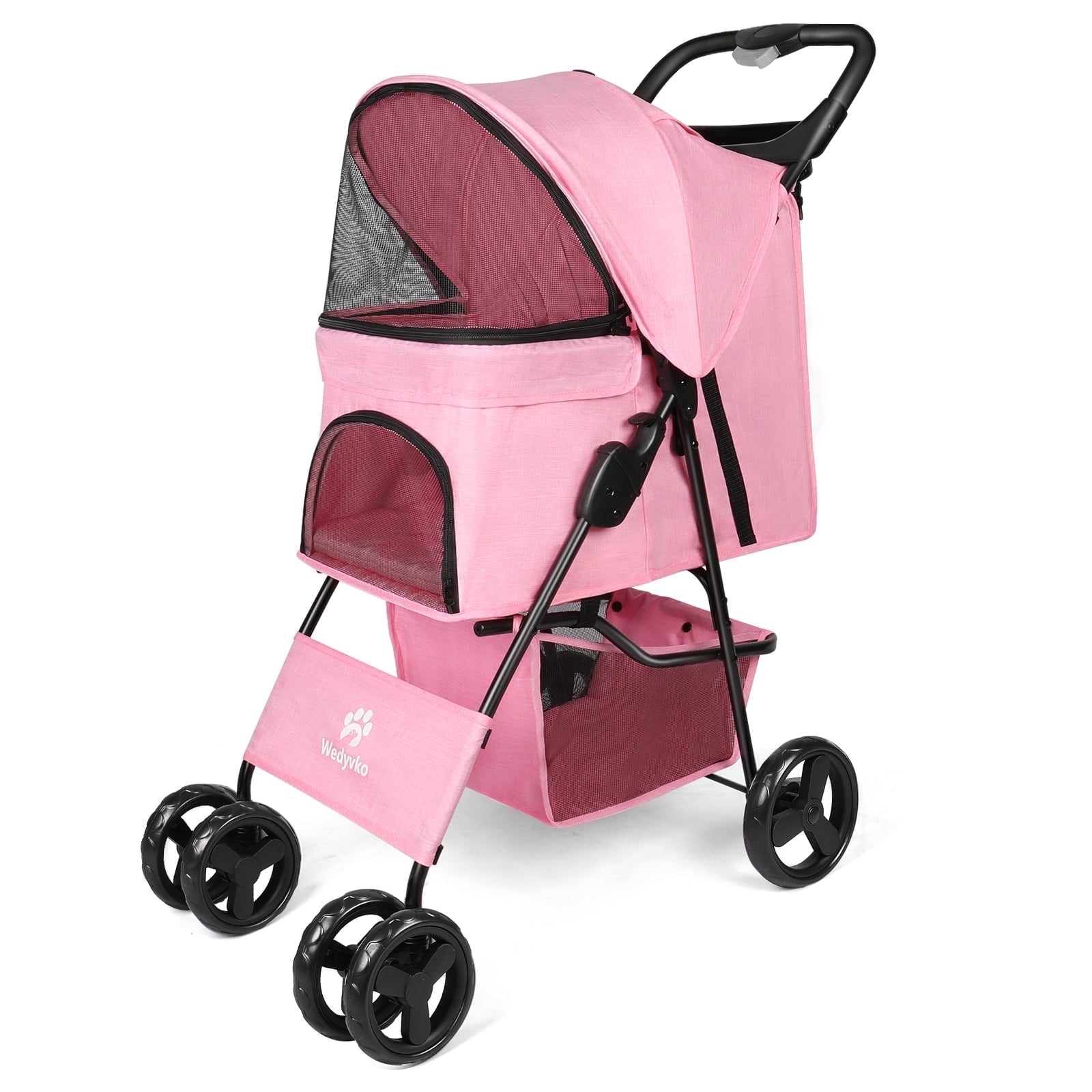 Wedyvko 4 Wheels Pet Stroller Dog Cat Stroller Storage Basket and Cup Holder,Black