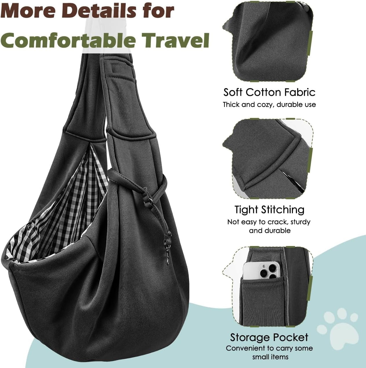 Pawaboo Dog Carrier Sling, Hand Free Dog Papoose with Adjustable Strap, Safety Leash for Puppies&Cats, Wider Shoulder Strap Pet Sling Bag (up to 12lbs, Black)