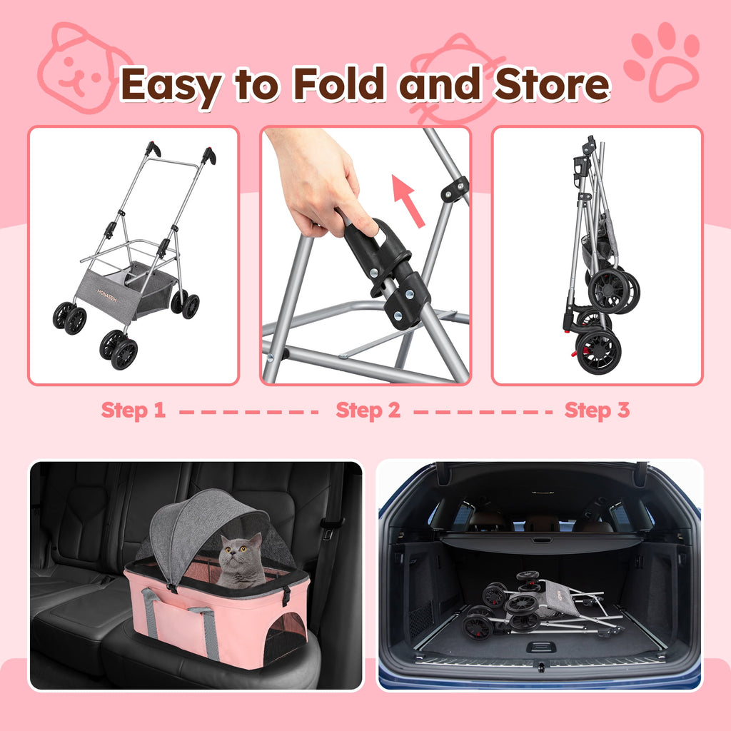 Monasem 4 Wheels Foldable Pet Stroller 3 in 1 with Waterproof Detachable Pets Travel Carrier for Small/Medium Dogs Cats up to 60lbs, Pink