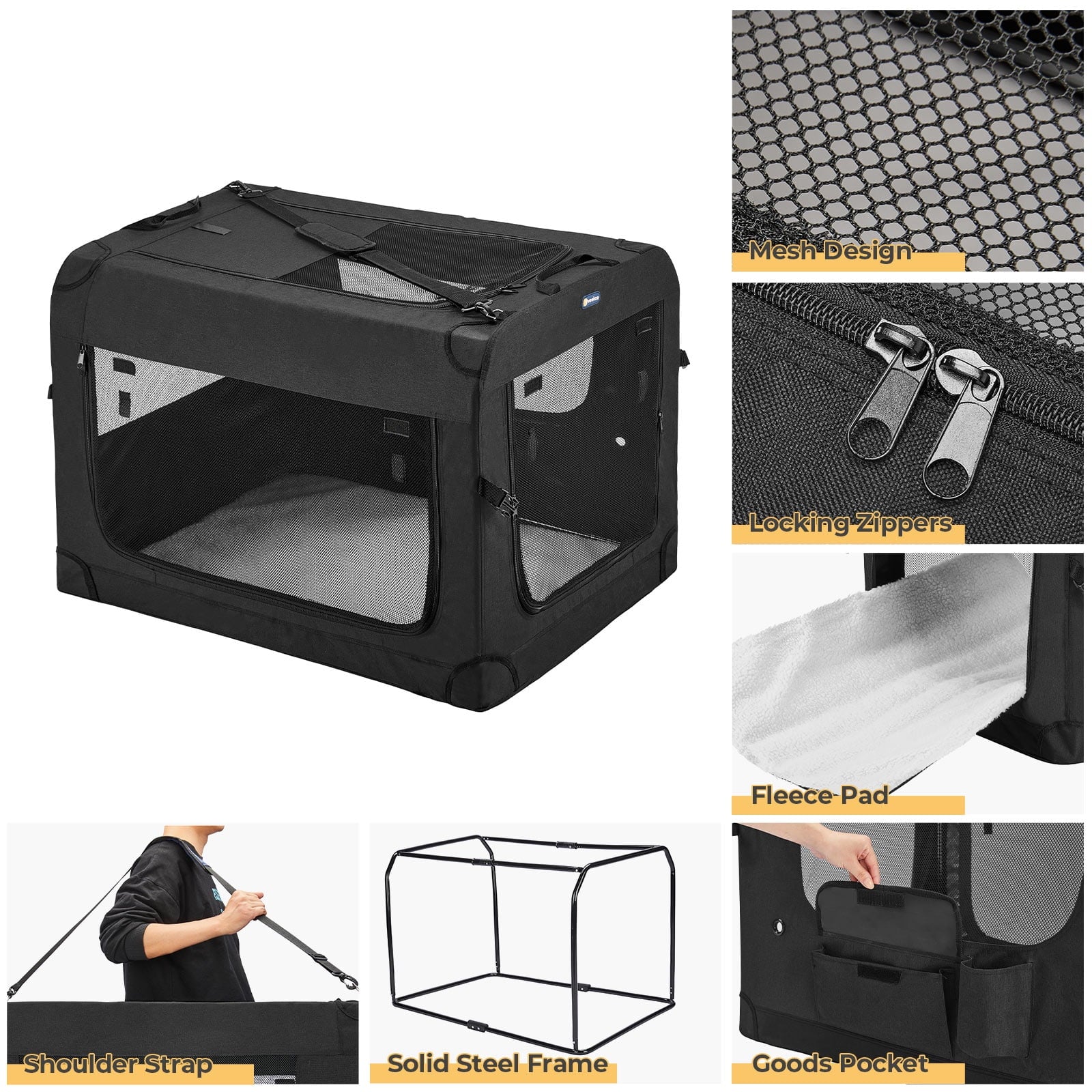 Veehoo Folding Soft Dog Crate, 3-Door Pet Kennel, 600D Cationic Oxford Fabric, 32", Black