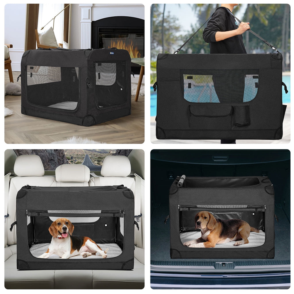 Veehoo Folding Soft Dog Crate, 3-Door Pet Kennel, 600D Cationic Oxford Fabric, 32", Black