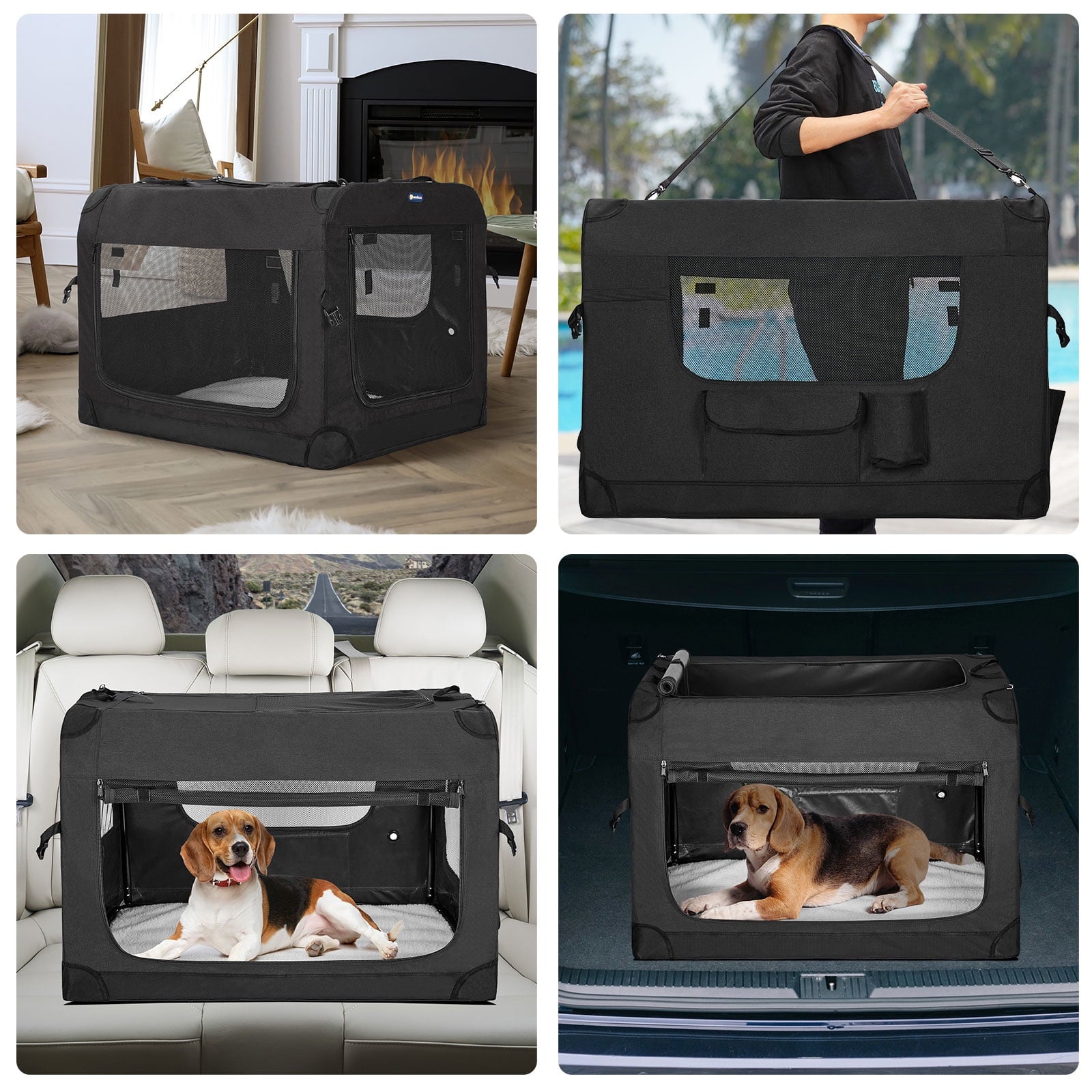 Veehoo Folding Soft Dog Crate, 3-Door Pet Kennel, 600D Cationic Oxford Fabric, 32", Black