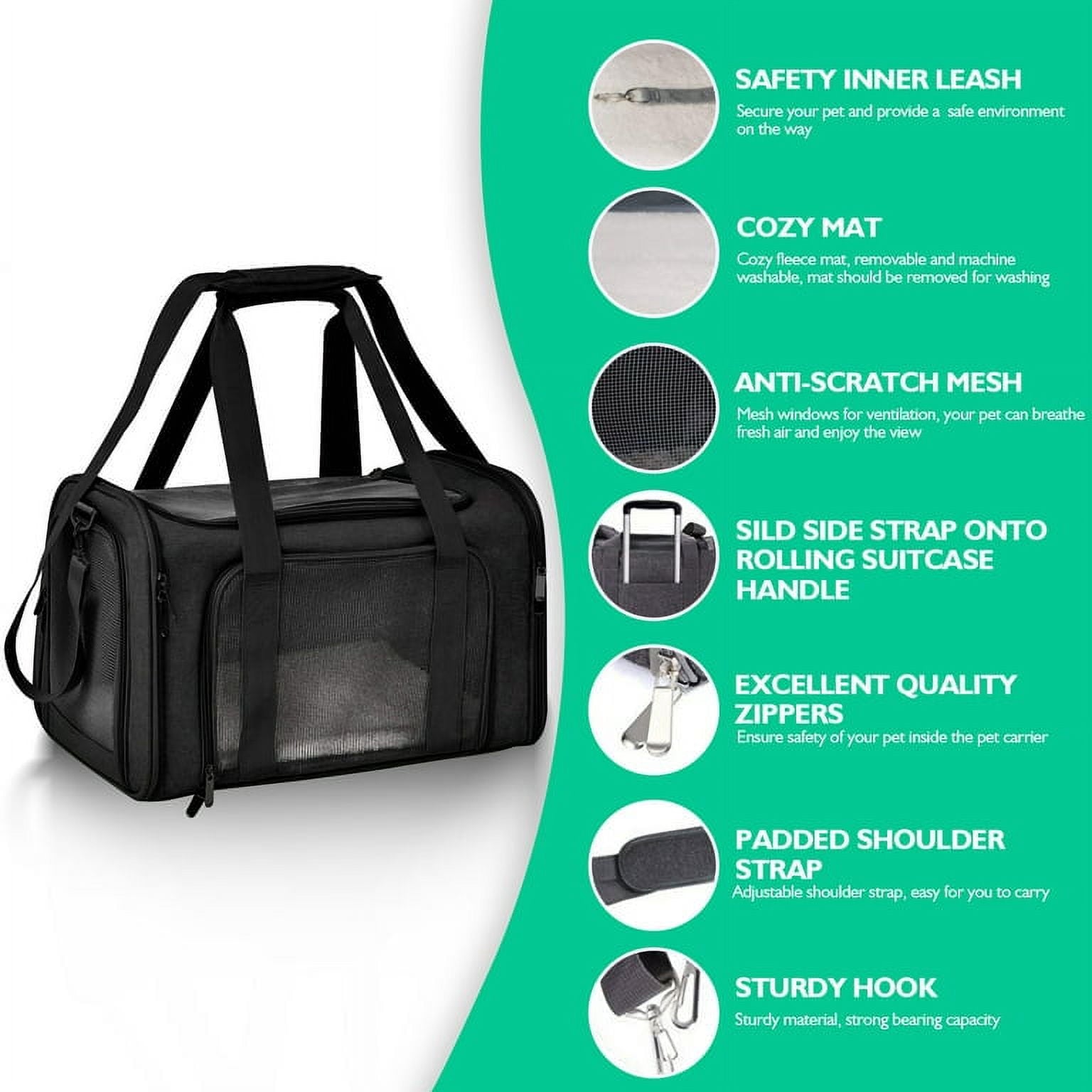 Flantor Small Pet Travel Carrier Bag, Breathable Soft Sided with Wool Mat, Black, 15 lb Limit