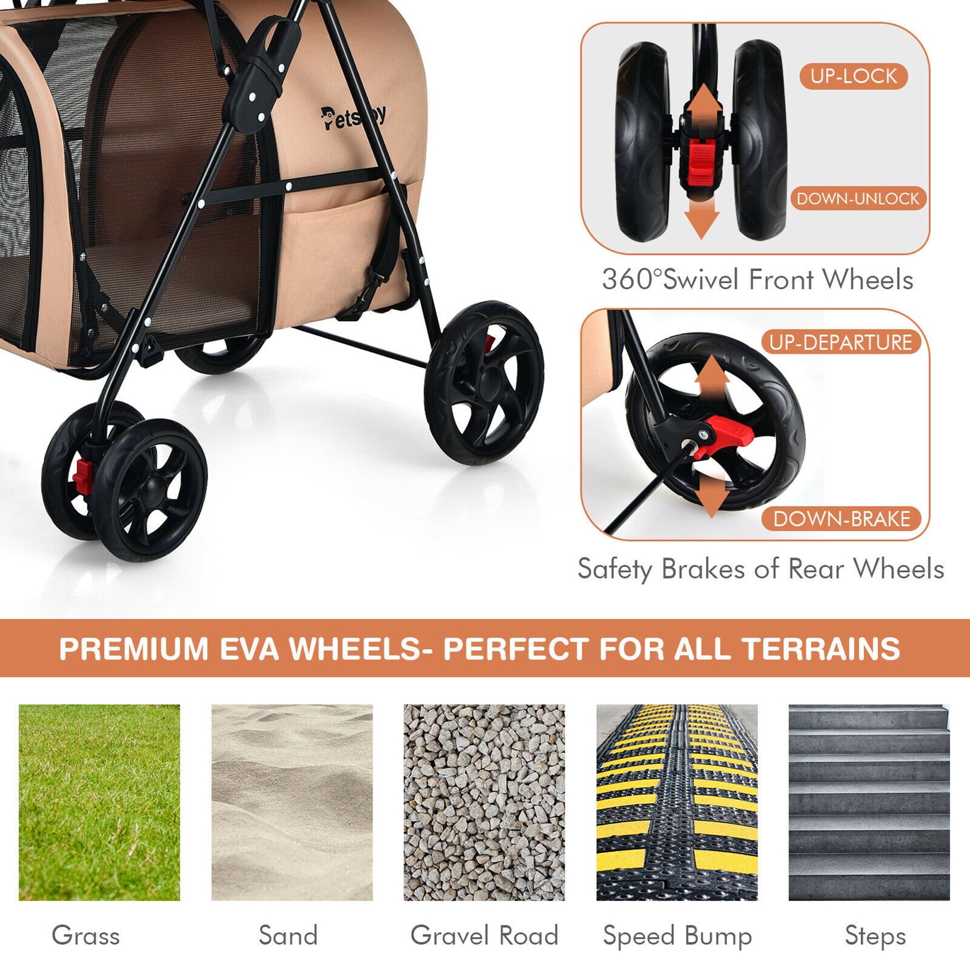 Gymax 4-in-1 Double Pet Stroller w/ Detachable Carrier Travel Carriage for Cats Beige