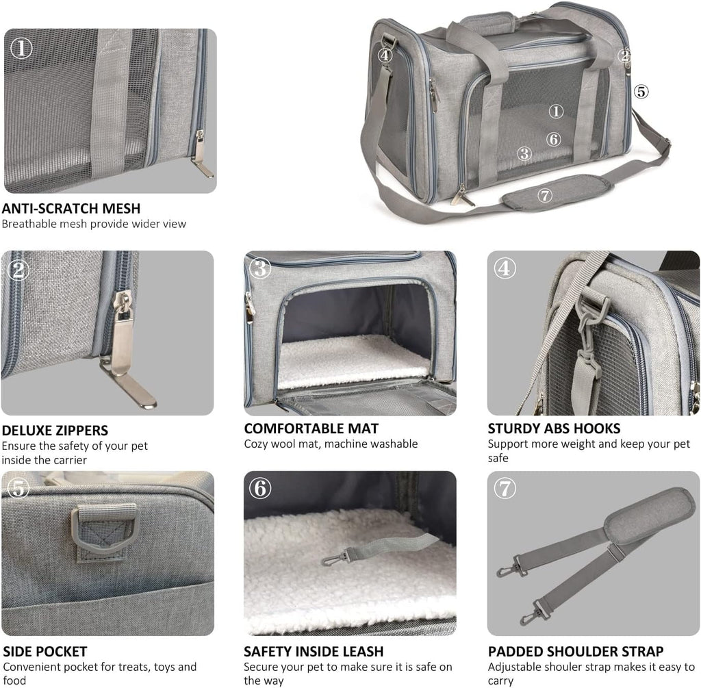 Yileqi Cat, Dog Carrier for Small Medium Cats Puppies up to 15 Lbs, TSA Airline Approved Carrier Soft Sided, Collapsible Travel Puppy Carrier - Grey