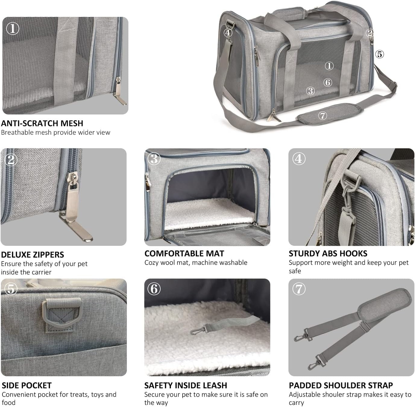 Yileqi Cat, Dog Carrier for Small Medium Cats Puppies up to 15 Lbs, TSA Airline Approved Carrier Soft Sided, Collapsible Travel Puppy Carrier - Grey
