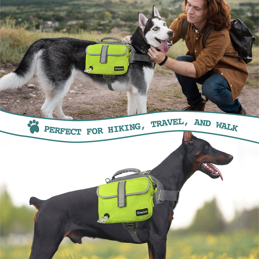 PetAmi Dog Backpack Saddle Bag for Medium Large Dogs, Saddlebag for Dogs to Wear, Harness Saddlebag for Hiking with Reflective Safety Side Pockets, Vest Dog Pack for Camping Travel (Green, Medium)