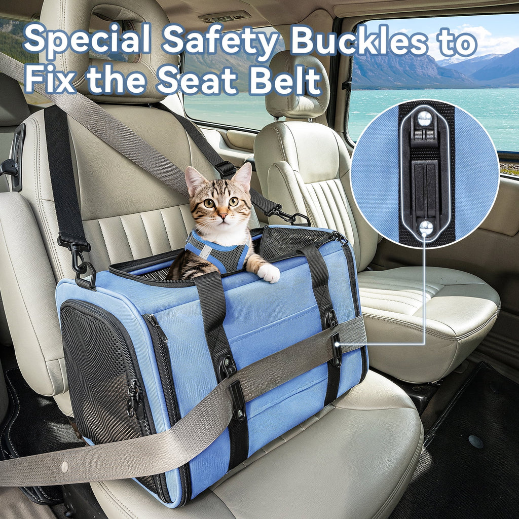 PETSFIT Airline Approved Pet Carrier, Upgraded Patented Car Buckle Soft Sided Cat Carrier, 4-Side Ventilation,Blue,15 lb Limit