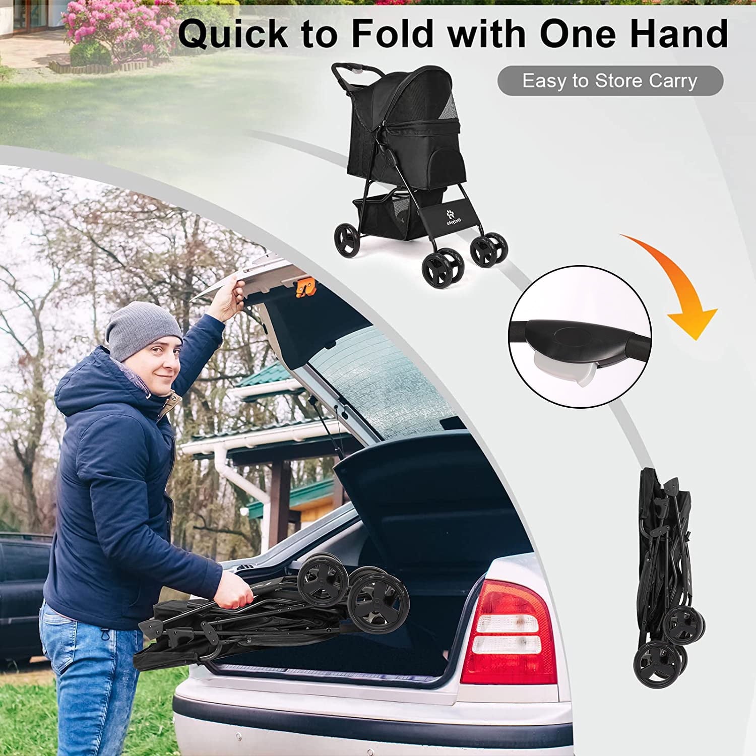 Wedyvko 4 Wheels Pet Stroller Dog Cat Stroller Storage Basket and Cup Holder,Black