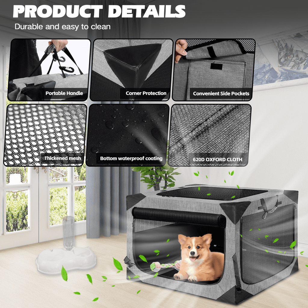 36 Inch Dog Crates,Collapsible Soft Dog Crate for Large Dogs, Chew Proof Mesh Window 3 Door Design, Indoor & Outdoor Portable Travel Dog Crate(French Grey)