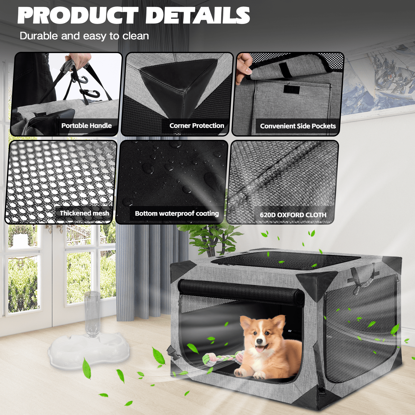 36 Inch Dog Crates,Collapsible Soft Dog Crate for Large Dogs, Chew Proof Mesh Window 3 Door Design, Indoor & Outdoor Portable Travel Dog Crate(French Grey)