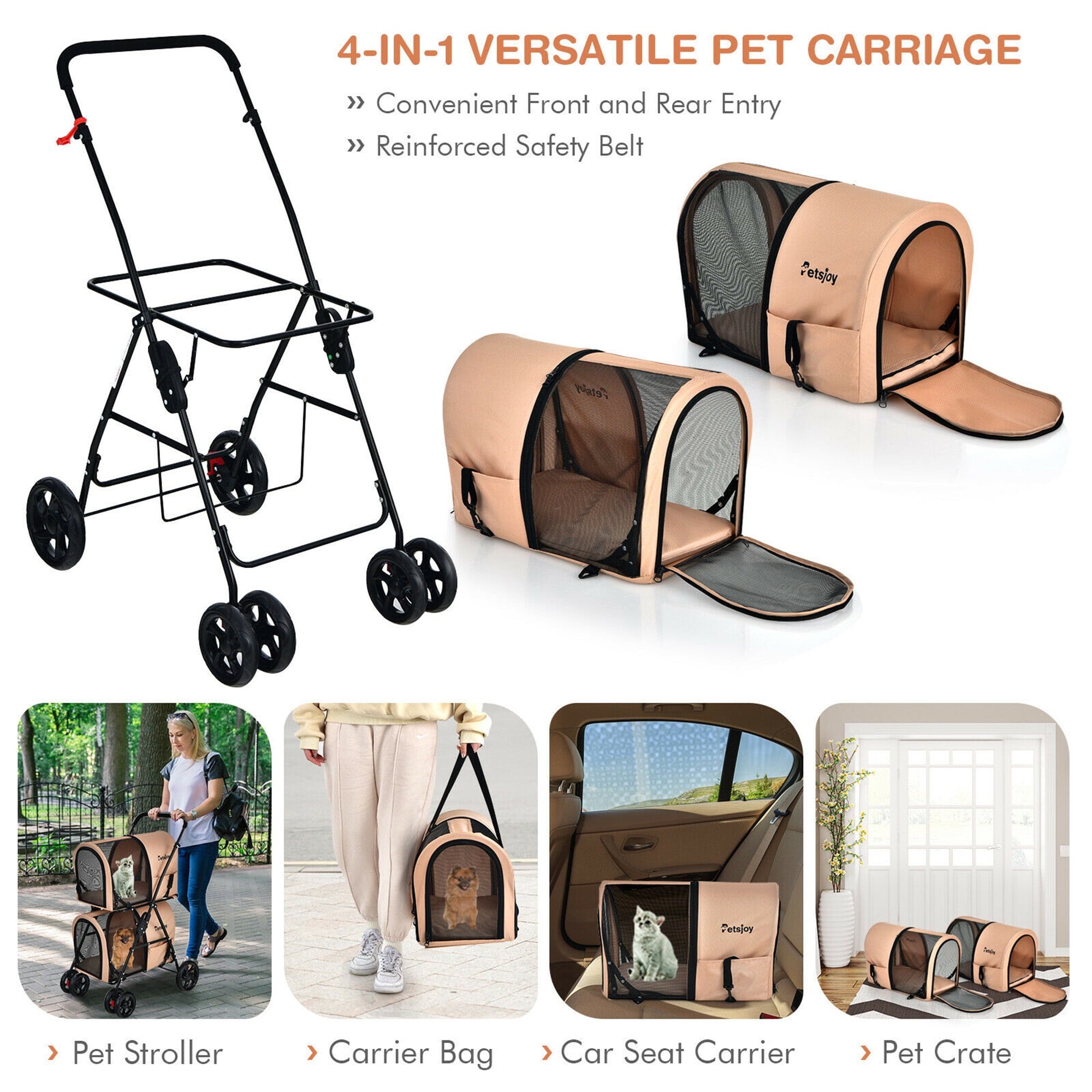 Gymax 4-in-1 Double Pet Stroller w/ Detachable Carrier Travel Carriage for Cats Beige