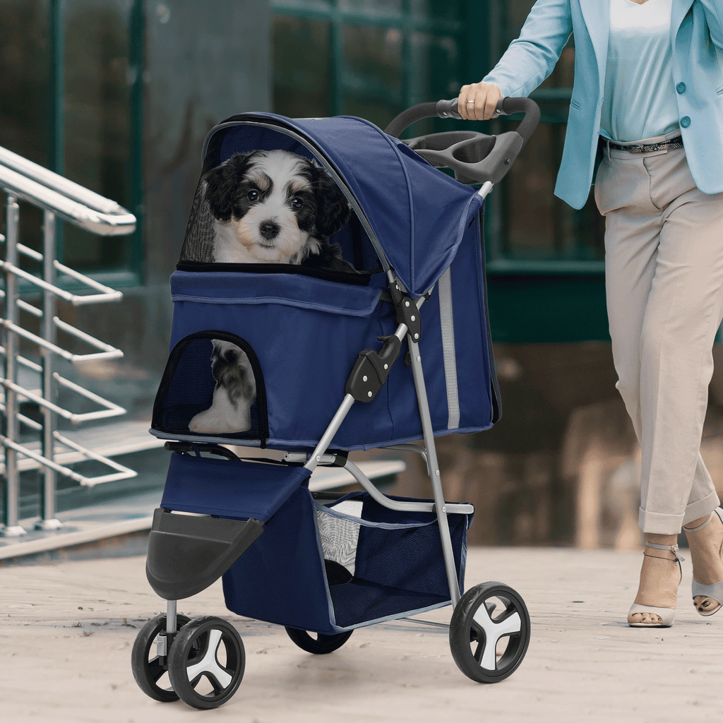 Magshion Foldable Pet Dog Stroller with Wheels, Cat Dog Stroller with Storage Basket and Cup Holder for Small and Medium Cats, Dogs, Puppy, Navy Blue