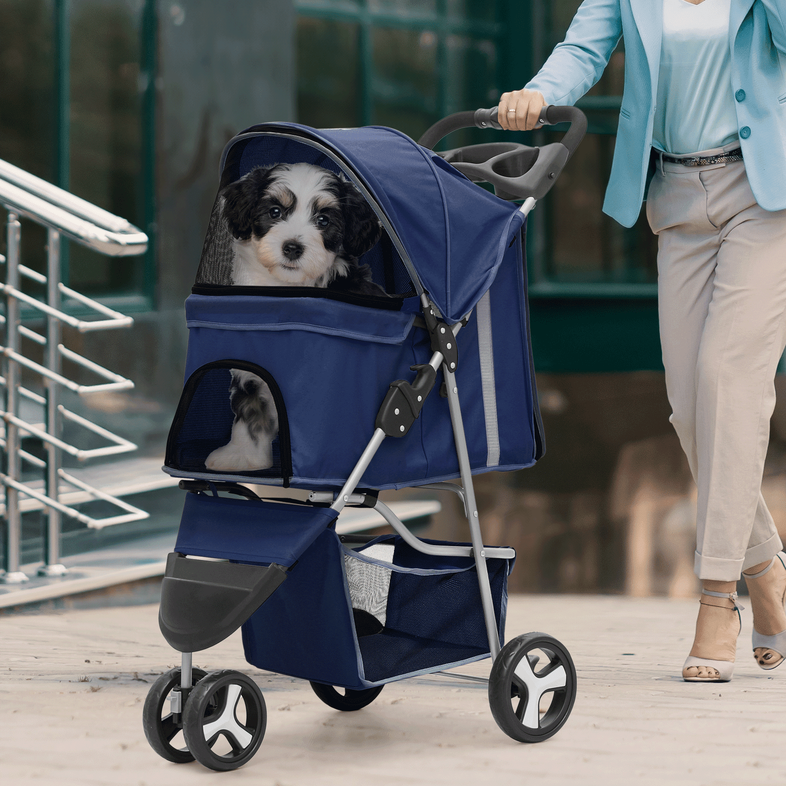 Magshion Foldable Pet Dog Stroller with Wheels, Cat Dog Stroller with Storage Basket and Cup Holder for Small and Medium Cats, Dogs, Puppy, Navy Blue
