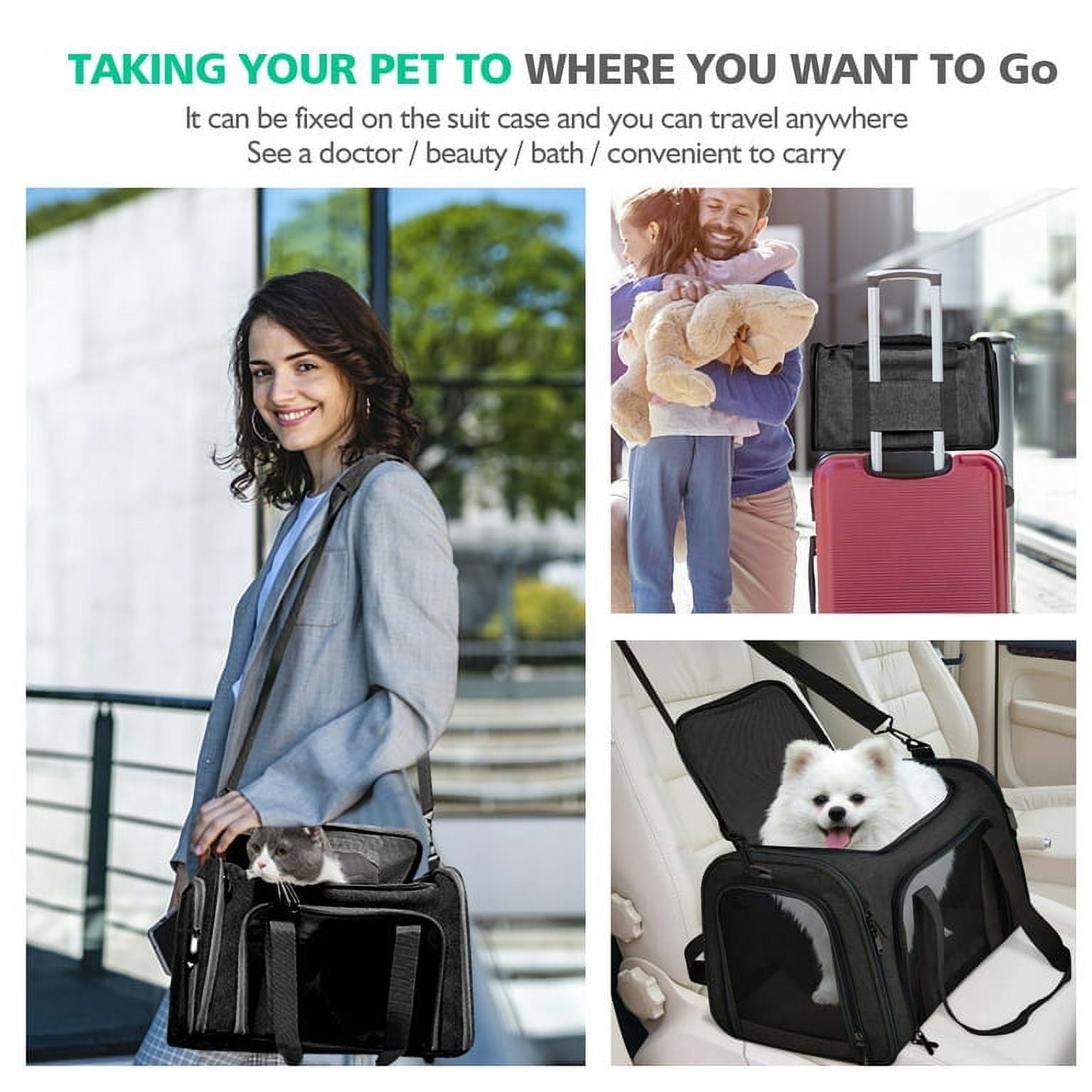 Flantor Small Pet Travel Carrier Bag, Breathable Soft Sided with Wool Mat, Black, 15 lb Limit
