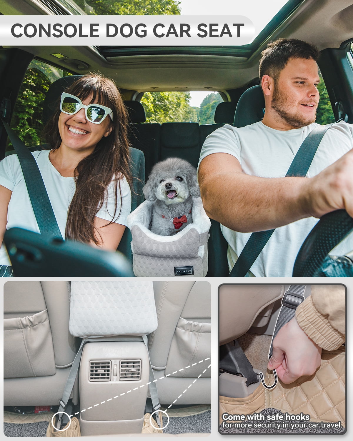 PETSFIT Dog Car Seats for Small Dogs,Washable Cushion,  Small Dog Car Seat with Upgraded Safety Tethers, Center Console Dog Car Seat (Light Grey)