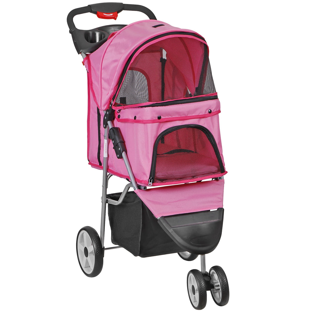 ZENSTYLE Foldable Pet Stroller for Dogs and Cats 3 Wheels Pet Stroller with Cup Holder Pink