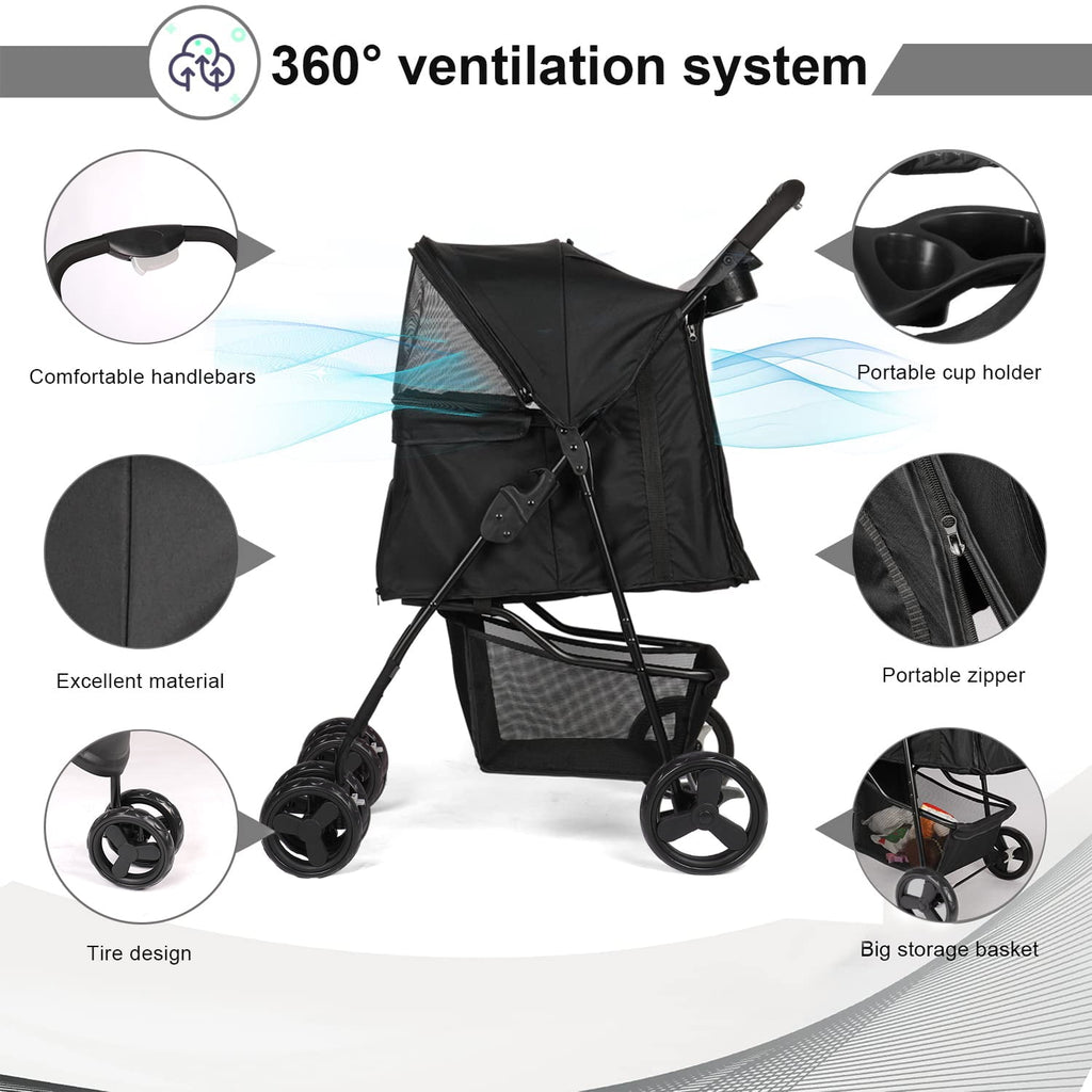 Wedyvko 4 Wheels Pet Stroller Dog Cat Stroller Storage Basket and Cup Holder,Black