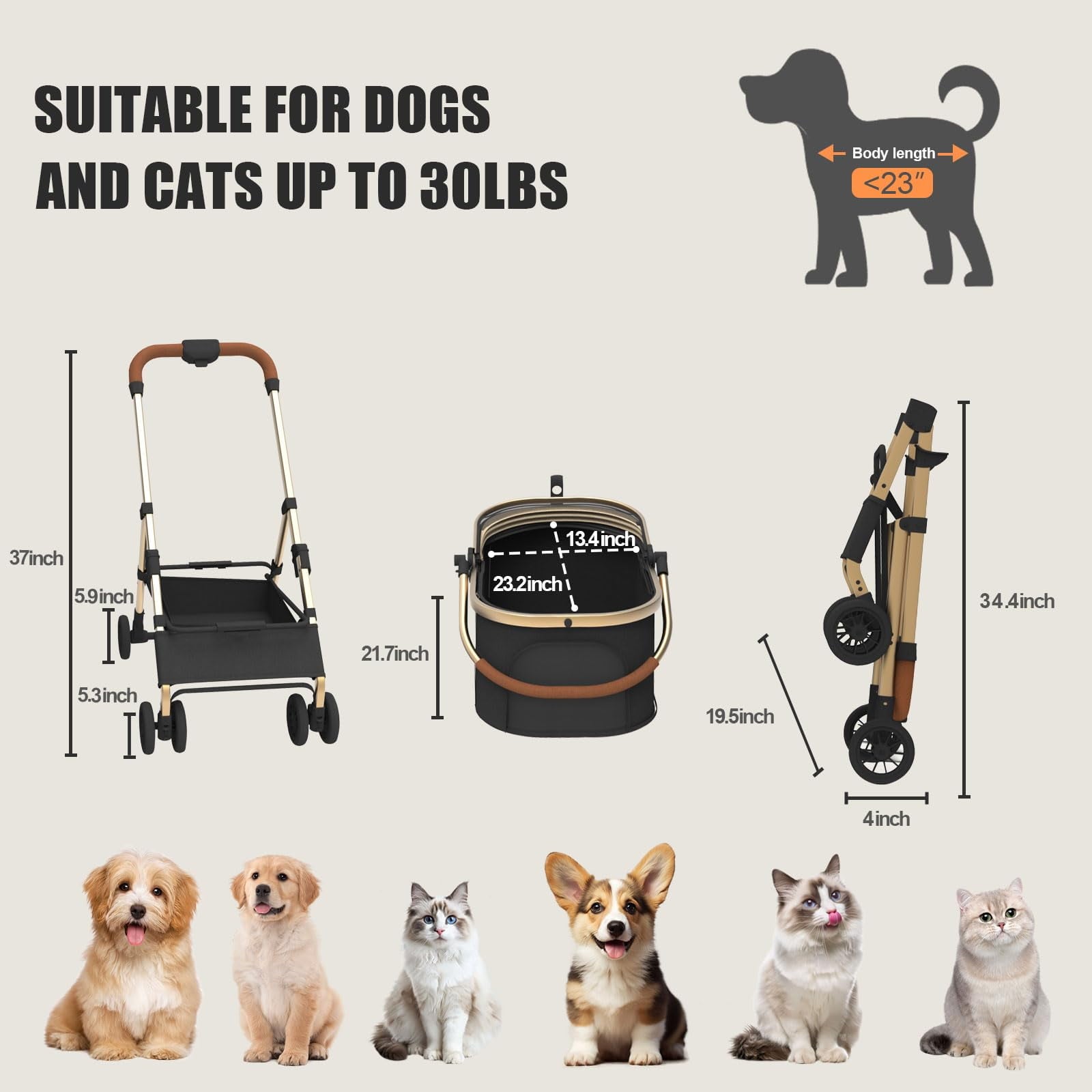 Foldable Pet Stroller 4 Wheels, Dog Stroller for Medium Dogs 30 lbs, Portable Pet Travel Carrier for Dogs Cats