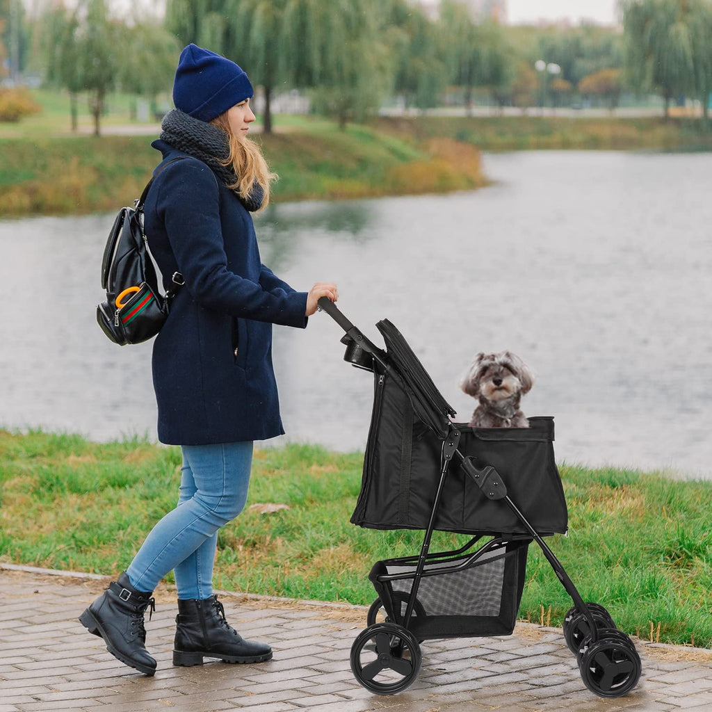 Wedyvko 4 Wheels Pet Stroller Dog Cat Stroller Storage Basket and Cup Holder,Black
