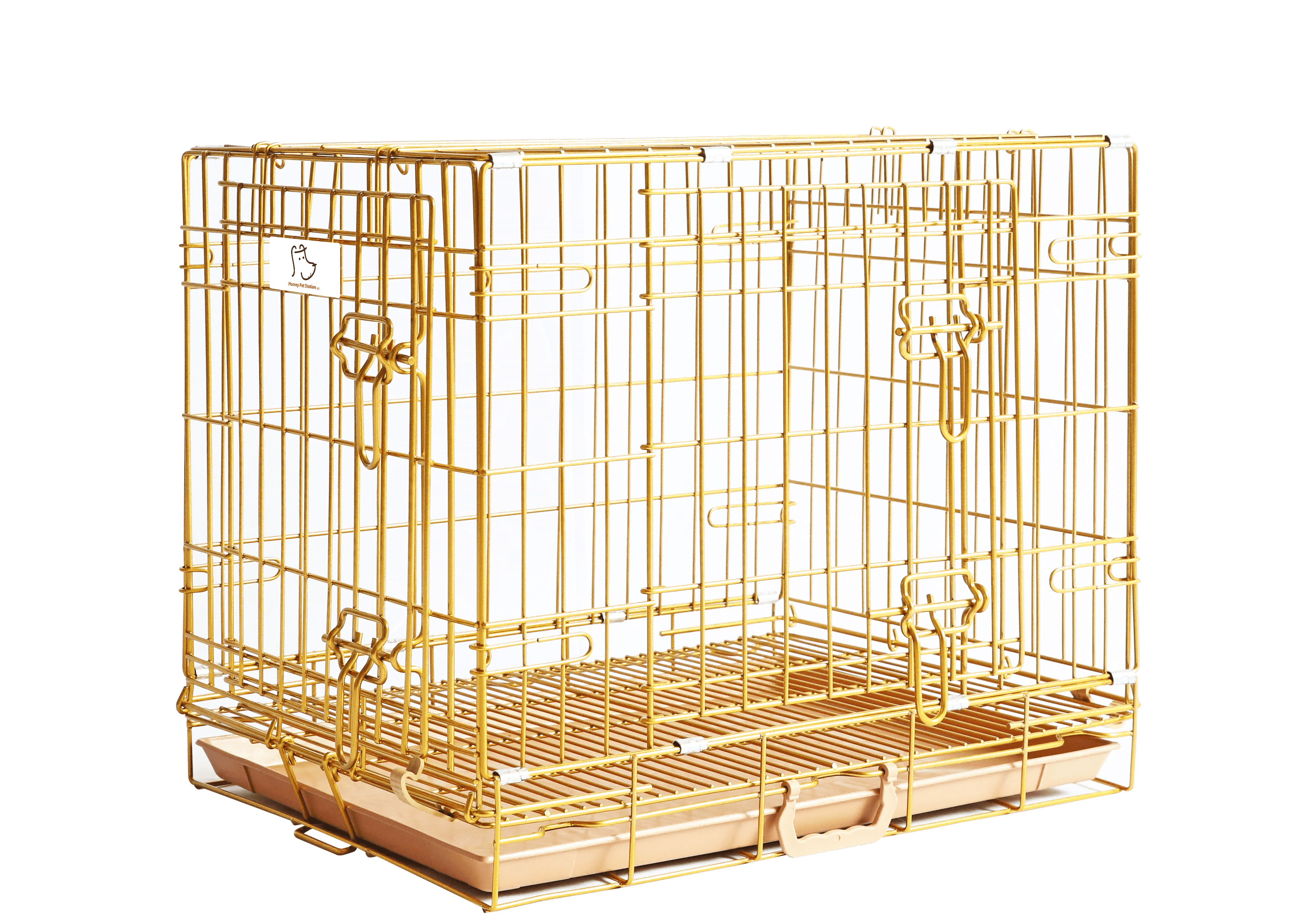 Homey Pet 24" Small Dog Crate, Collapsible Wire Toy Dog Cage Indoor, Dog Transport Kennel Portable Nano-Coated Copper Gold Puppy Cage with Pull-Out Floor Grid Tray, Double Doors Dual Locks