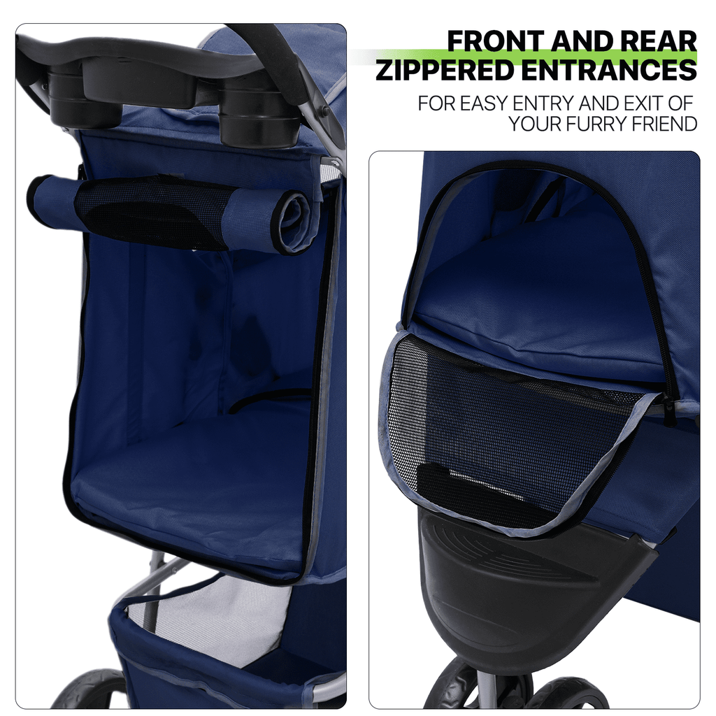 Magshion Foldable Pet Dog Stroller with Wheels, Cat Dog Stroller with Storage Basket and Cup Holder for Small and Medium Cats, Dogs, Puppy, Navy Blue