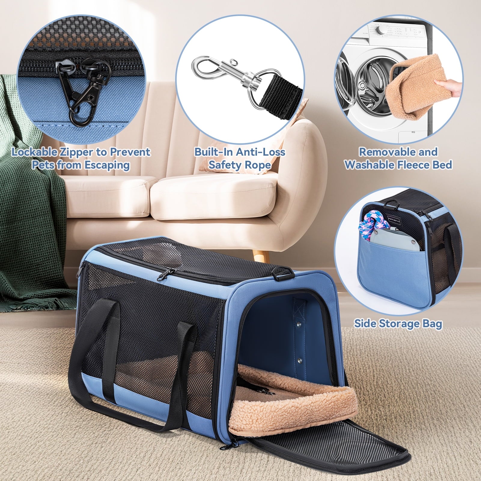 PETSFIT Airline Approved Pet Carrier, Upgraded Patented Car Buckle Soft Sided Cat Carrier, 4-Side Ventilation,Blue,15 lb Limit