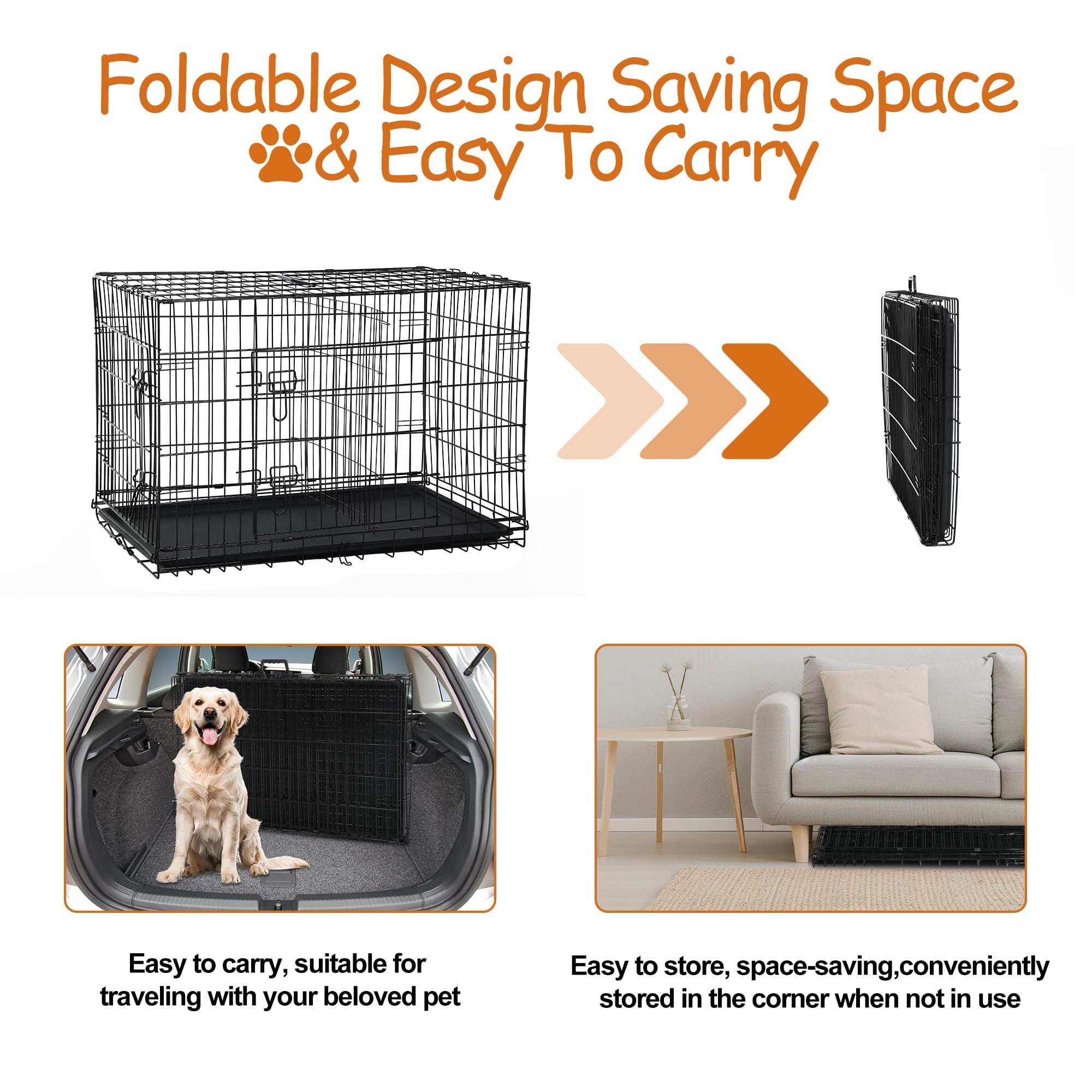 CL.HPAHKL Small Wire Dog Crate, Folding Metal Dog Kennel Double Door Dog Cage with Plastic Tray, Puppy Crate for Small Dog Indoor Outdoor Travel (Black, 24 inch)