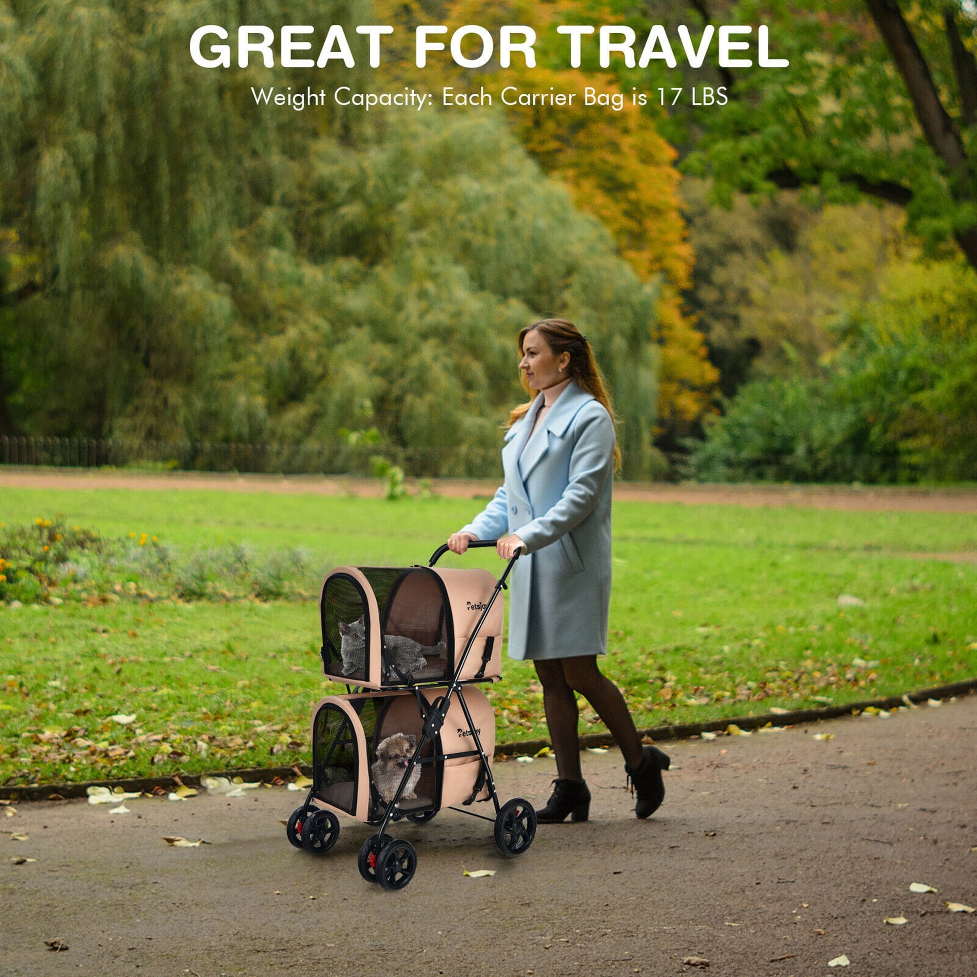 Gymax 4-in-1 Double Pet Stroller w/ Detachable Carrier Travel Carriage for Cats Beige
