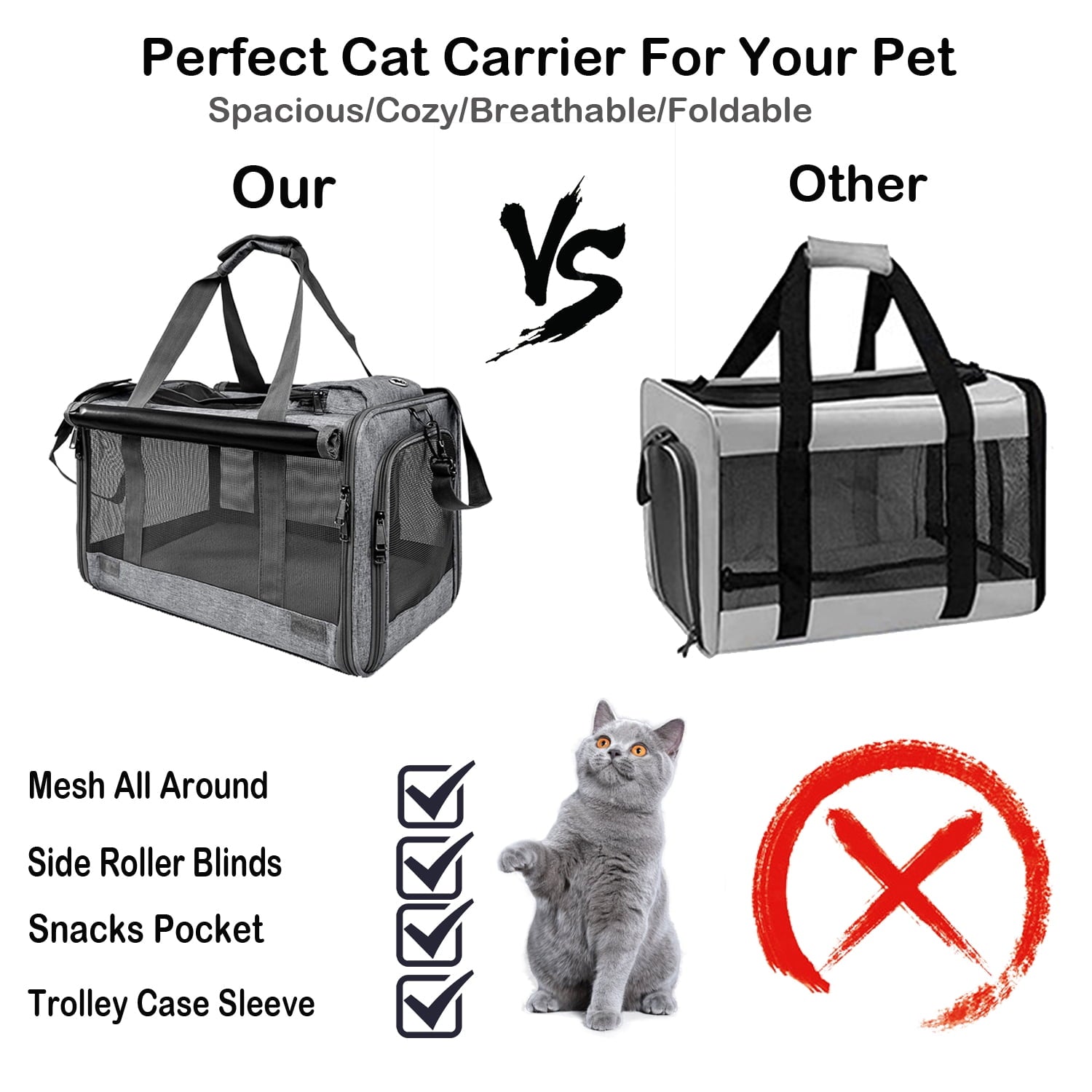 Cat Carrier, Cat Carriers for Large Cats up to 25LB, large Cat Carrier with a Bowl, Soft Sided Carrier with 2 Side Roller Blinds for Pet Cat Kitten Small Dog Puppies Airline Approved, Gray