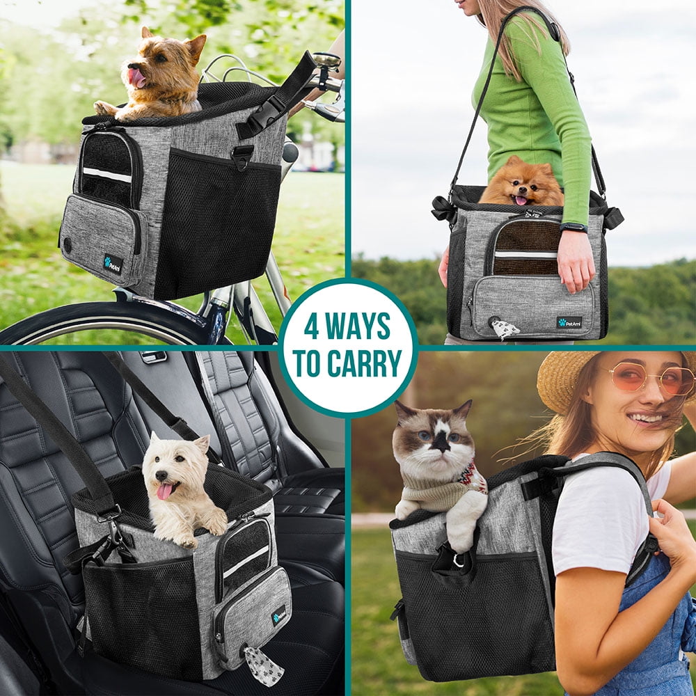 PetAmi Dog Bike Basket, Soft-sided Ventilated Dog Bike Carrier Backpack, Dog Pet Bicycle Basket for Bike Handlebar, Small Medium Puppy Cat Kitten Car Booster Seat with Safety Strap (Gray)
