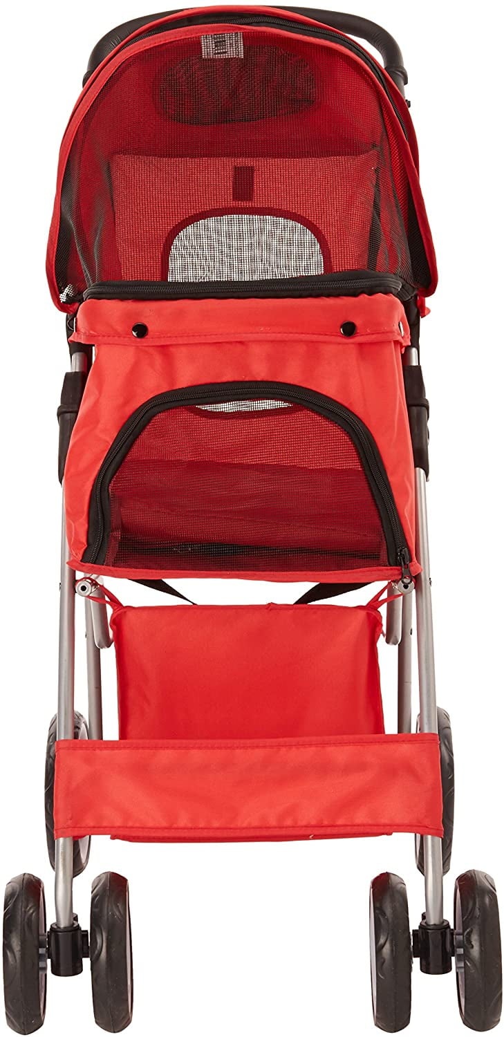 Paws & Pals 4-Wheeled Pet Stroller for Dog and Cat Foldable with Cup Holder, Red (Large)