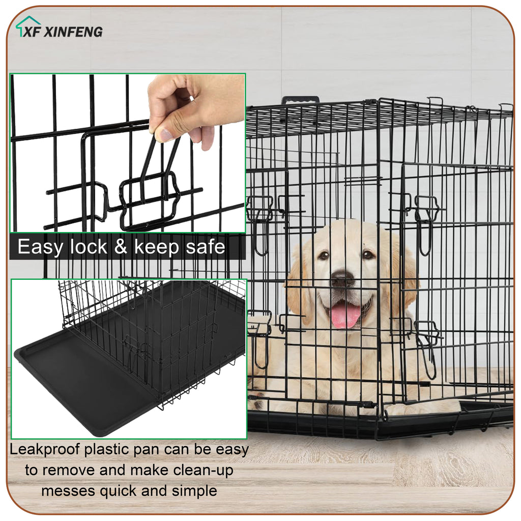 XF XINFENG Large Dog Crate Kennel for Medium Large Dogs 30 inches Metal Dog Cage Double-Door Folding Travel Indoor Outdoor Puppy Playpen with Divider