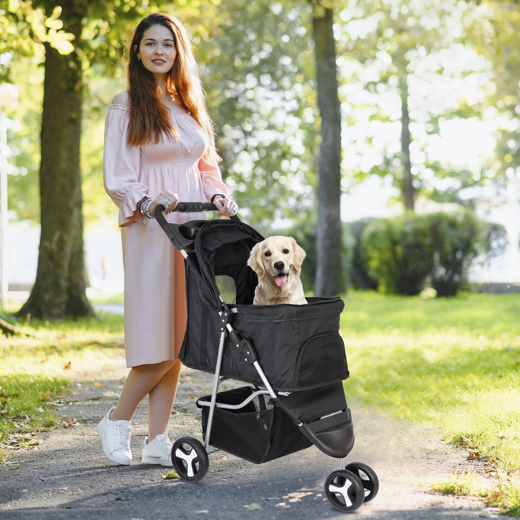 SuperDeal Lightweight 3-Wheel Pet Dog Travel Stroller Folding W/Safety Belt & Cup Holder